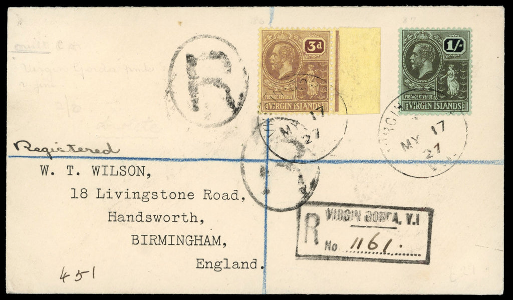 British Virgin Islands SG 82/83 1927 registered cover from Virgin Gorda to England with 1922-28 watermark MCA 3d and 1s