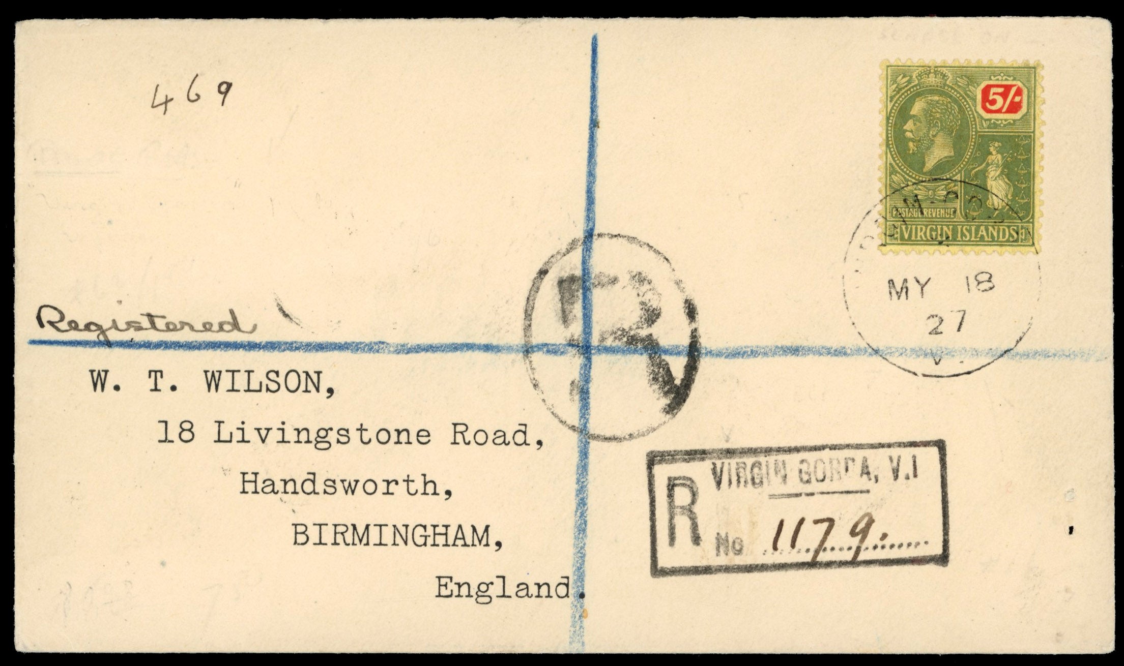 British Virgin Islands SG 101 1927 registered cover from Virgin Gorda to England with 1922-28 Script watermark 5s