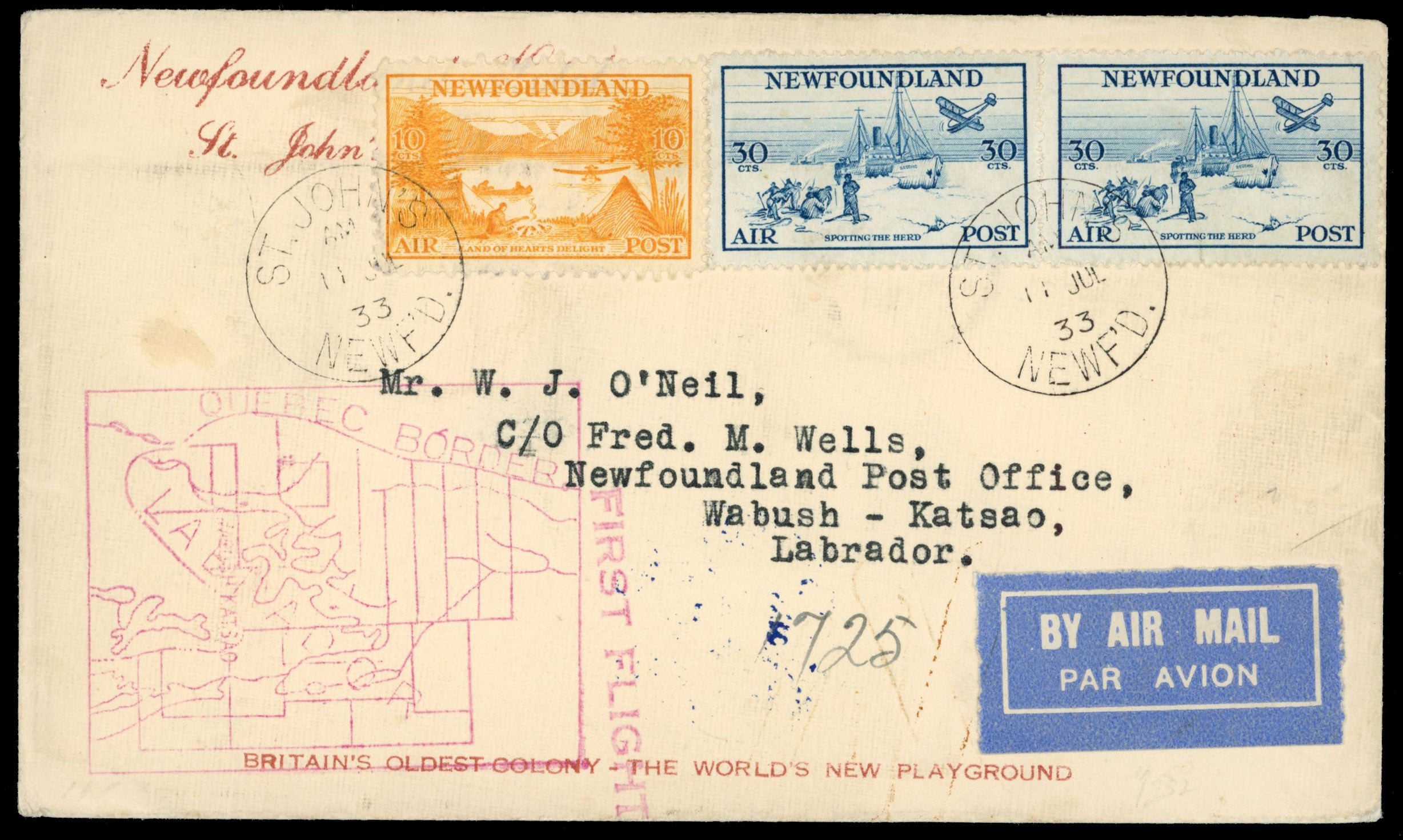 Newfoundland SG 231, 232 1933 registered first flight cover from St John's to Wabush-Katsao