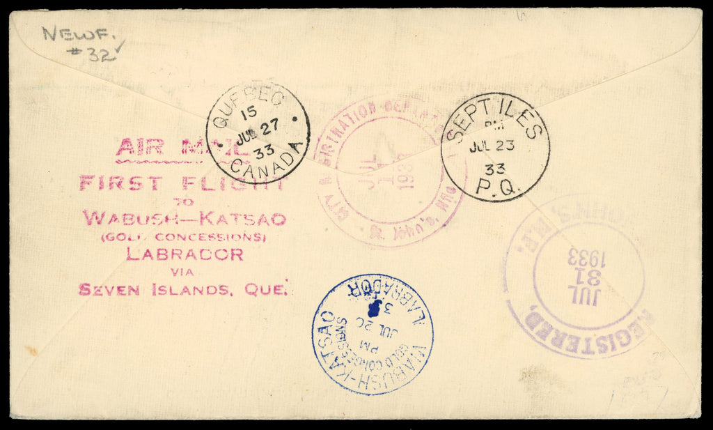 Newfoundland SG 231, 232 1933 registered first flight cover from St John's to Wabush-Katsao