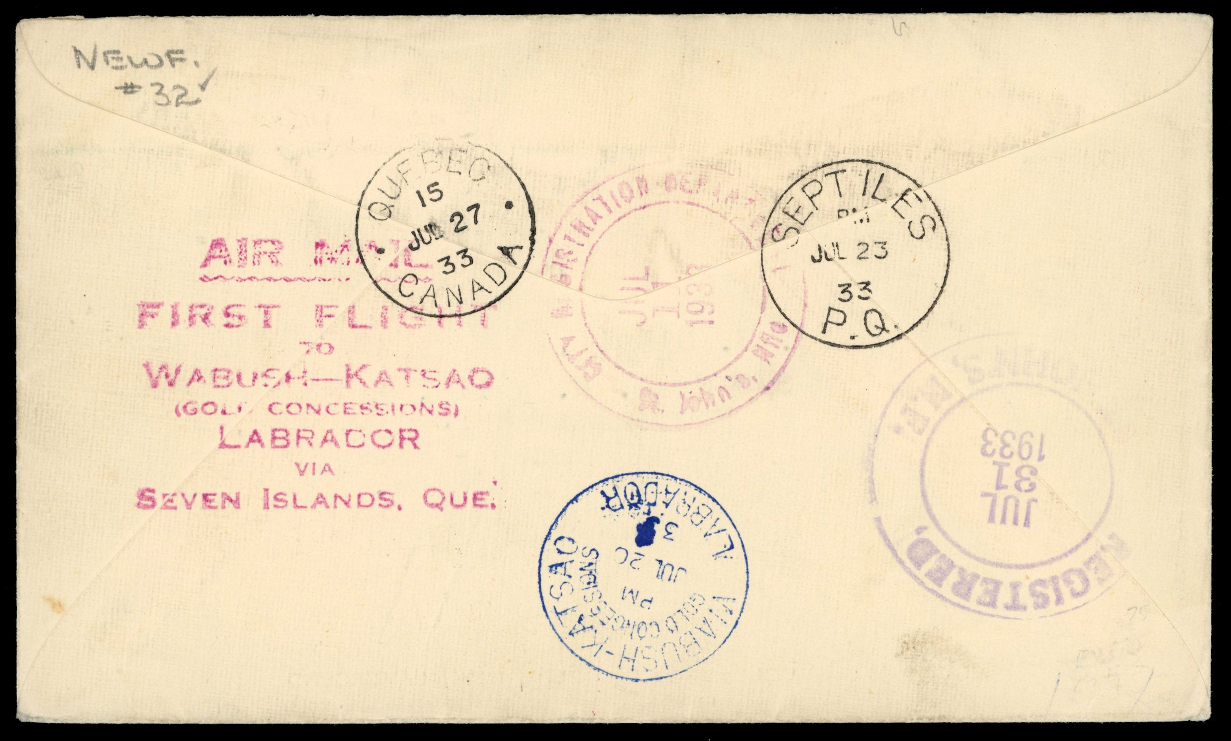 Newfoundland SG 231, 232 1933 registered first flight cover from St John's to Wabush-Katsao