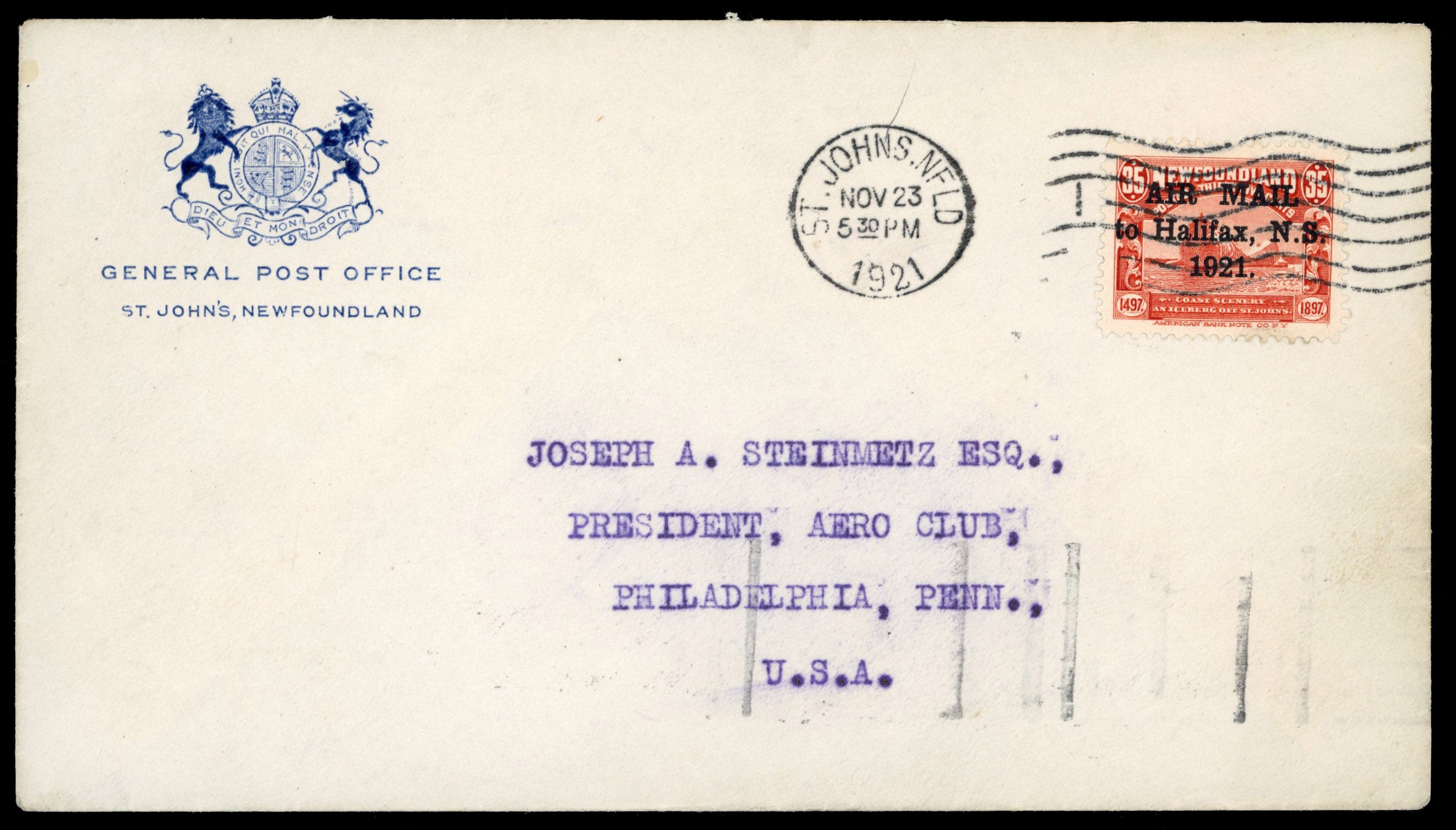 Newfoundland SG 148 1921 cover from St John's to Halifax with 35c red airmail