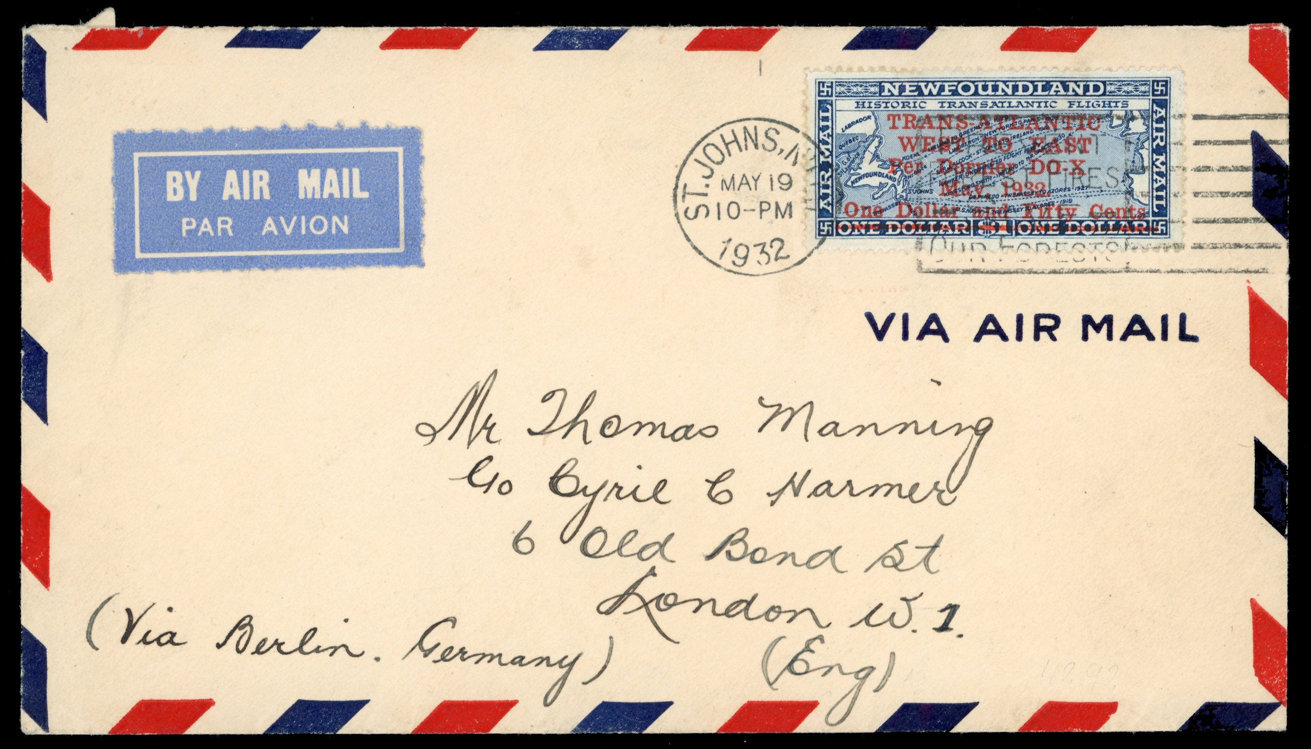 Newfoundland SG 221 1932 Dornier DO-X $1.50 cover to England