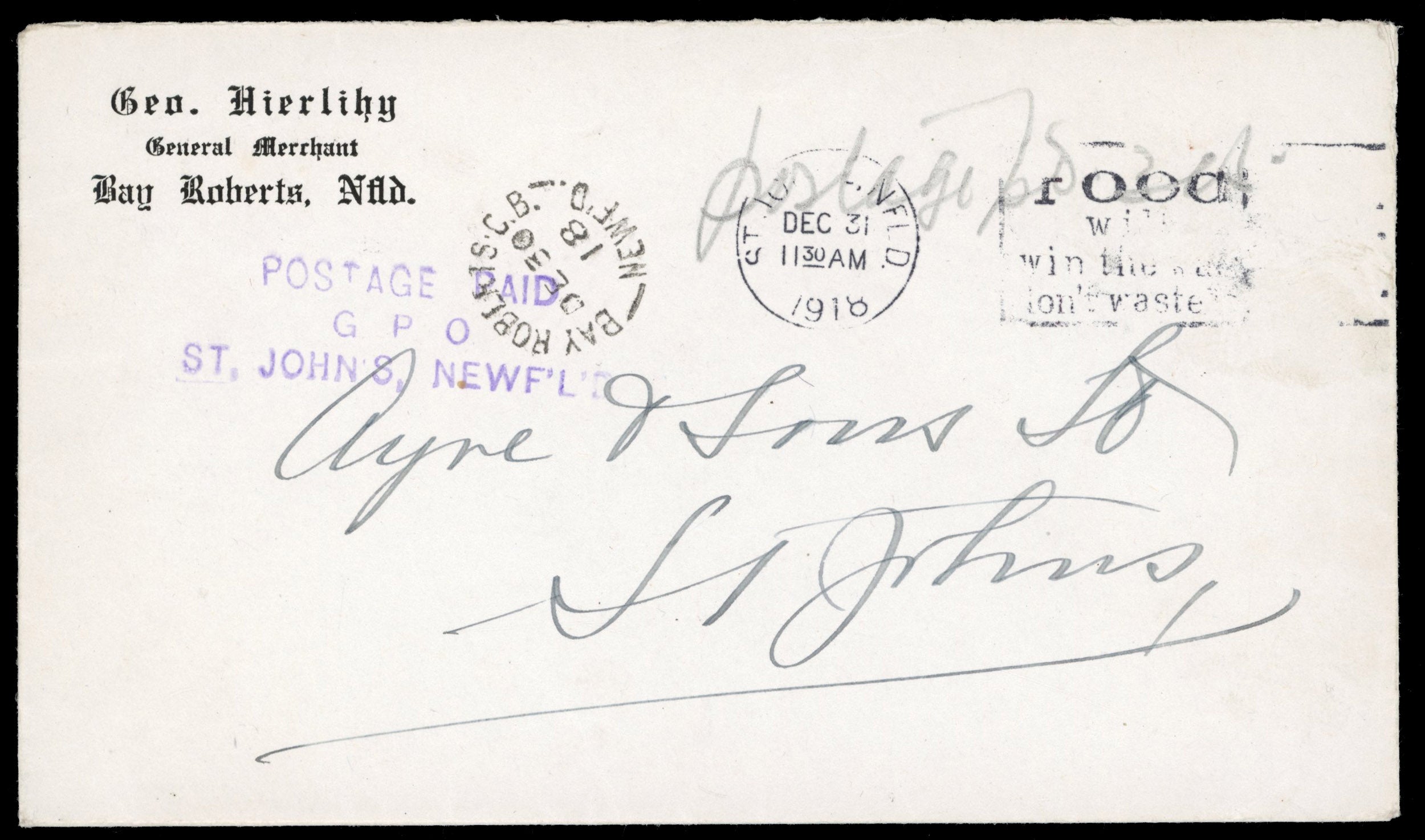 Newfoundland 1918 stampless cover from Bay Roberts to St John's with provisional handstamp