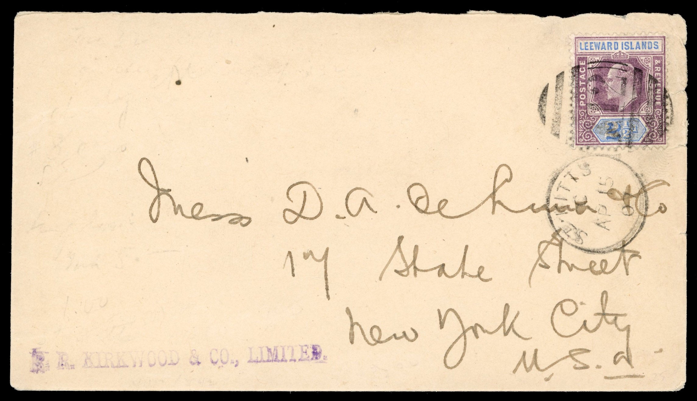 Leeward Islands SG 32 1907 cover from St Kitts to New York with 1905-08 2½d dull purple and ultramarine