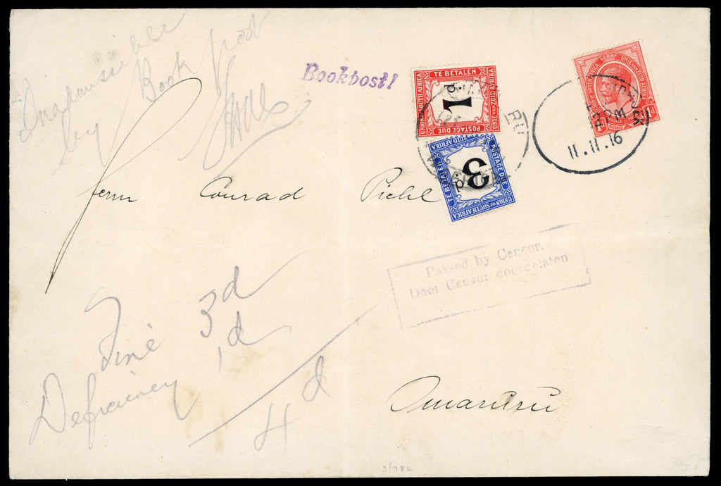 South West Africa SG ZD9, ZD11 1916 underpaid cover from Windhoek to Omaruru with South Africa postage due stamps