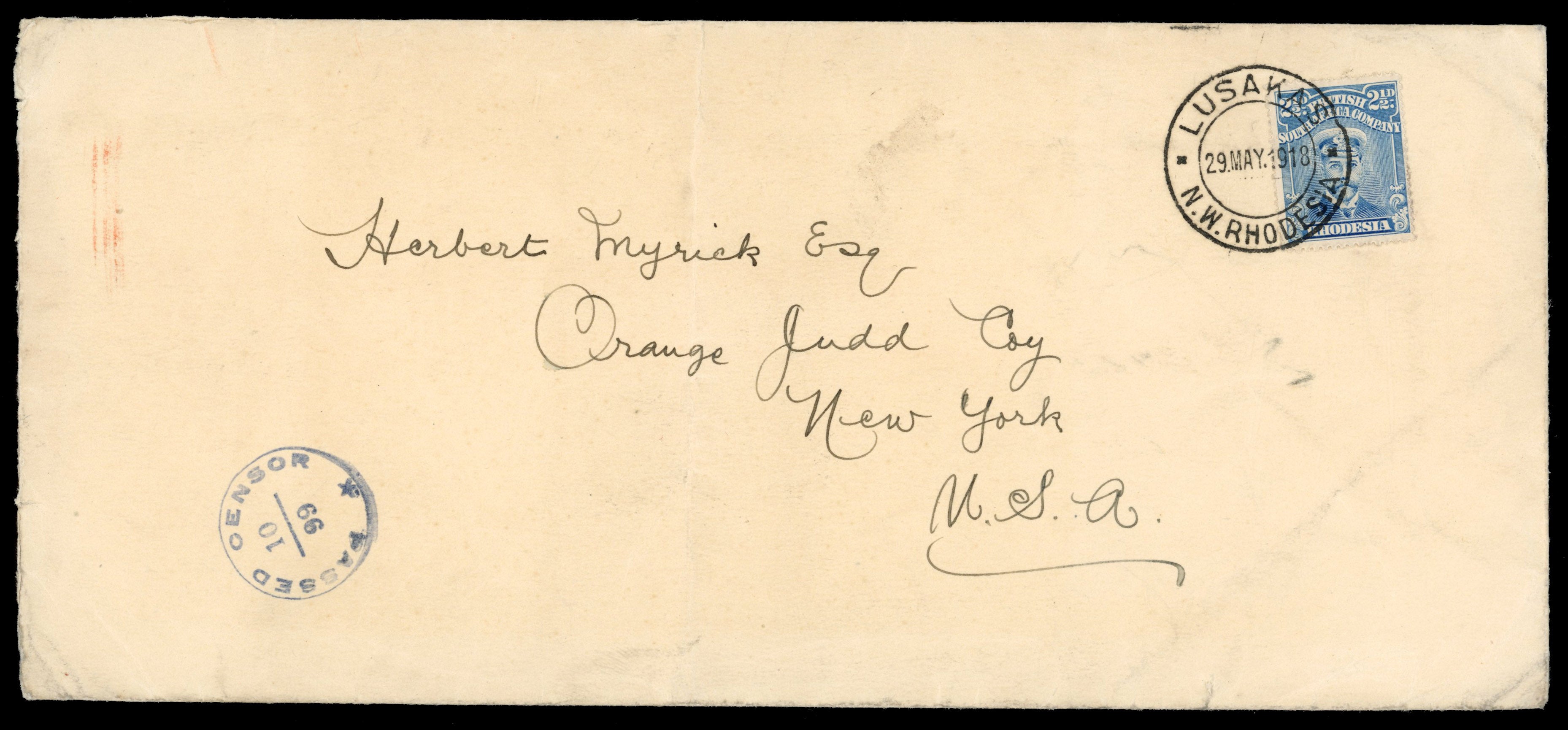 Rhodesia SG 208 1918 cover from Lusaka to New York with 1913-19 Admiral 2½d perf 15