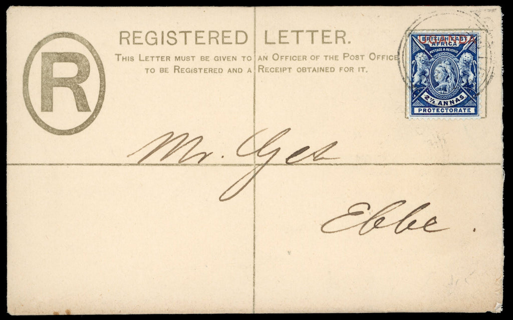 Uganda SG 93 Cover 1902 registered 2a red-brown postal stationery envelope used with 1902 2½a deep blue
