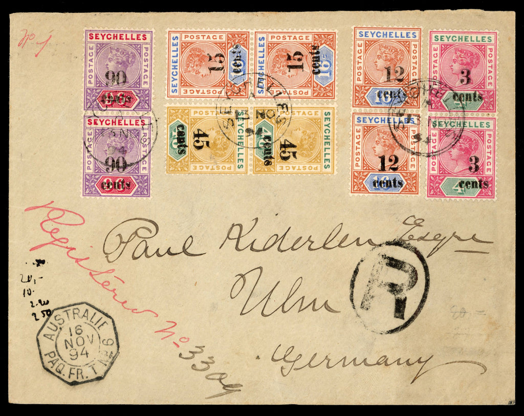 Seychelles SG 15/21 btwn 1894 registered cover to Germany with 1893 local surcharges to 90c on 96c