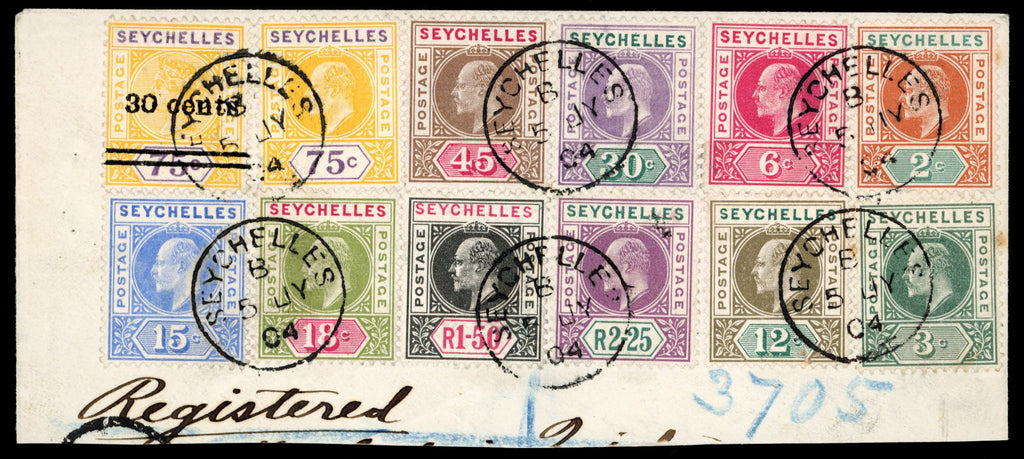 Seychelles SG 46/56, 42 Used 1902 KEVII set of 11 to 2r25 on large part cover