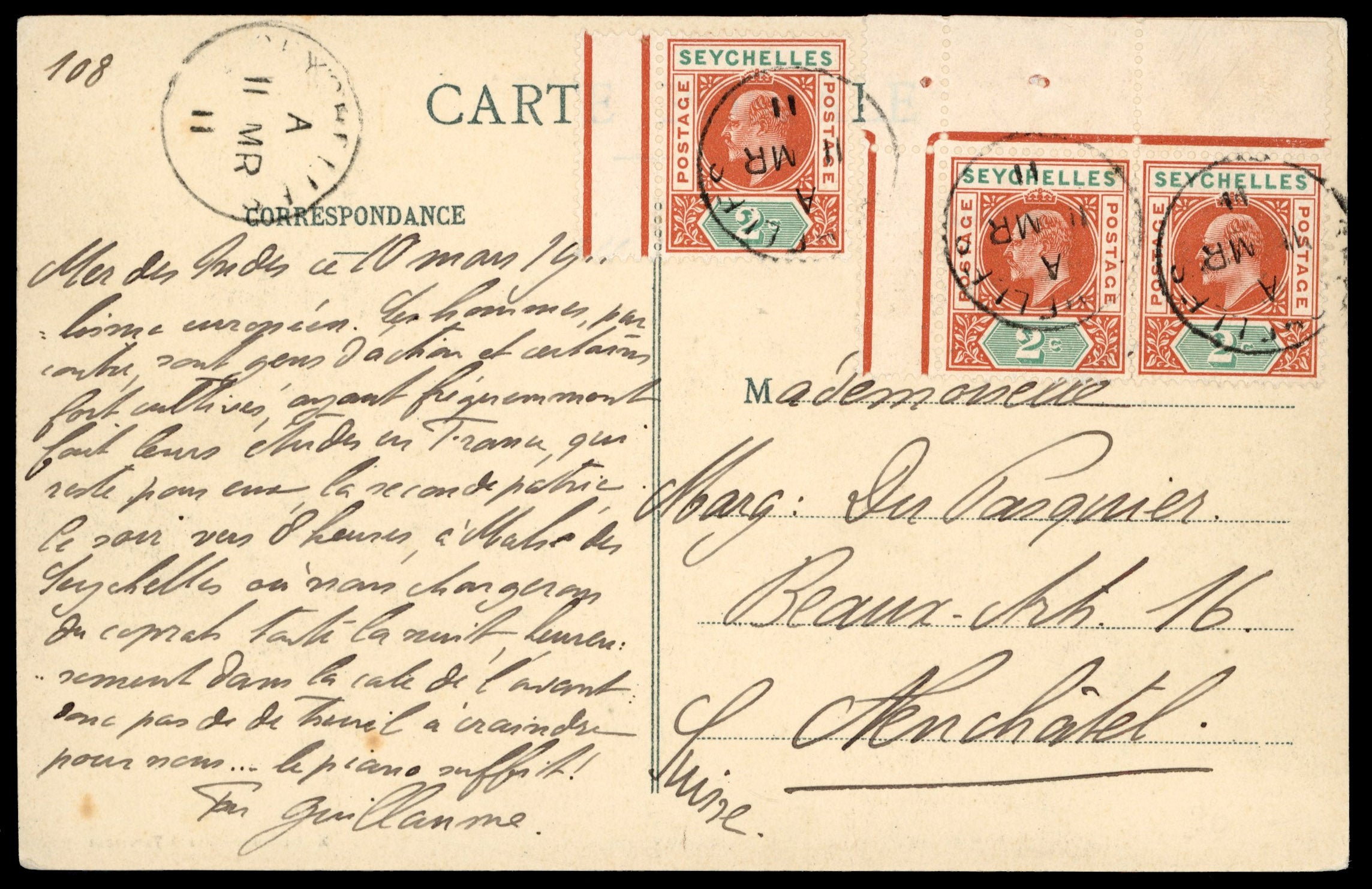 Seychelles SG 60 Cover 1911 picture postcard to Switzerland with 1906 2c chestnut and green