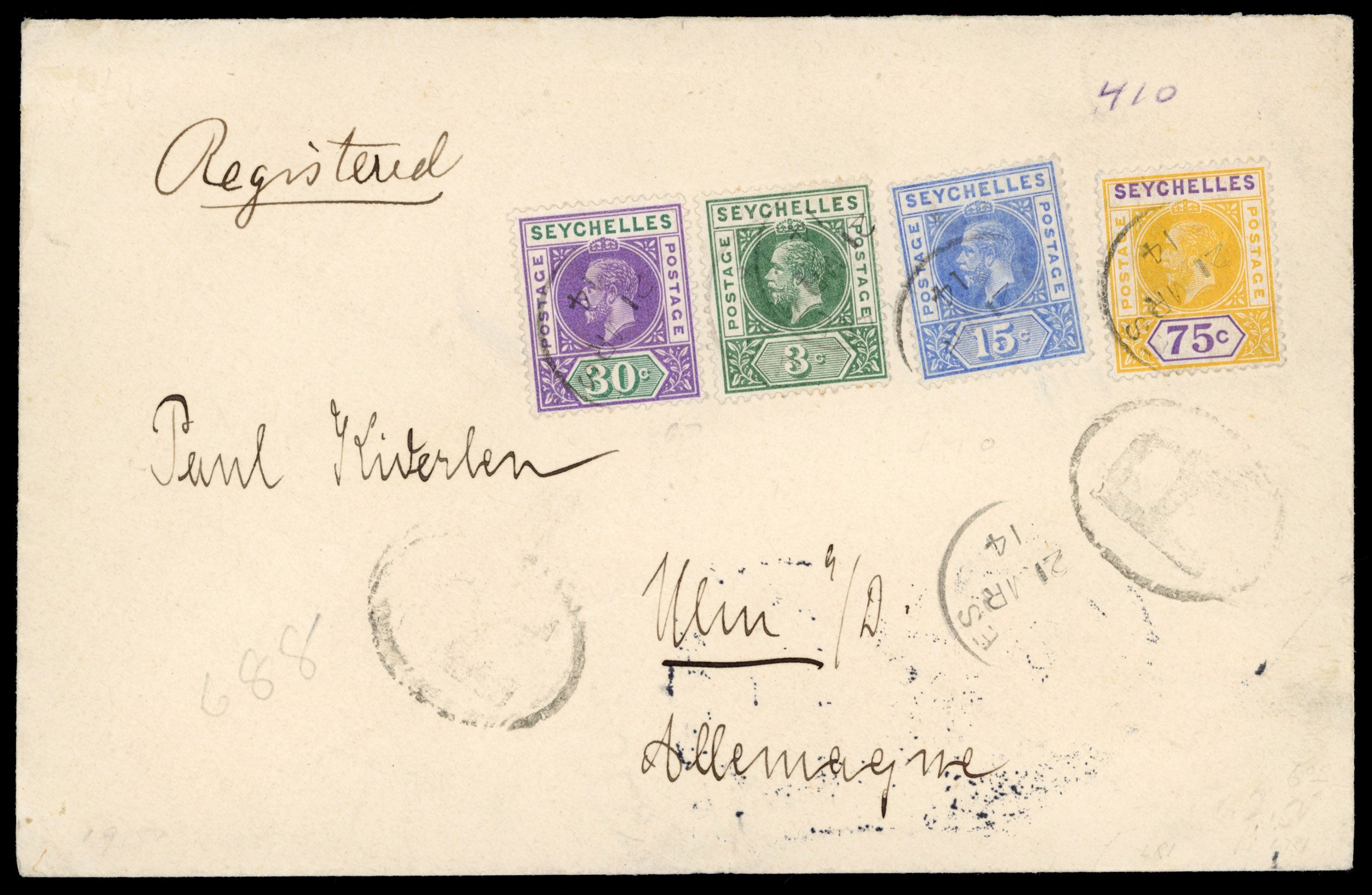Seychelles SG 72, 75, 77, 79 1914 registered cover to Germany