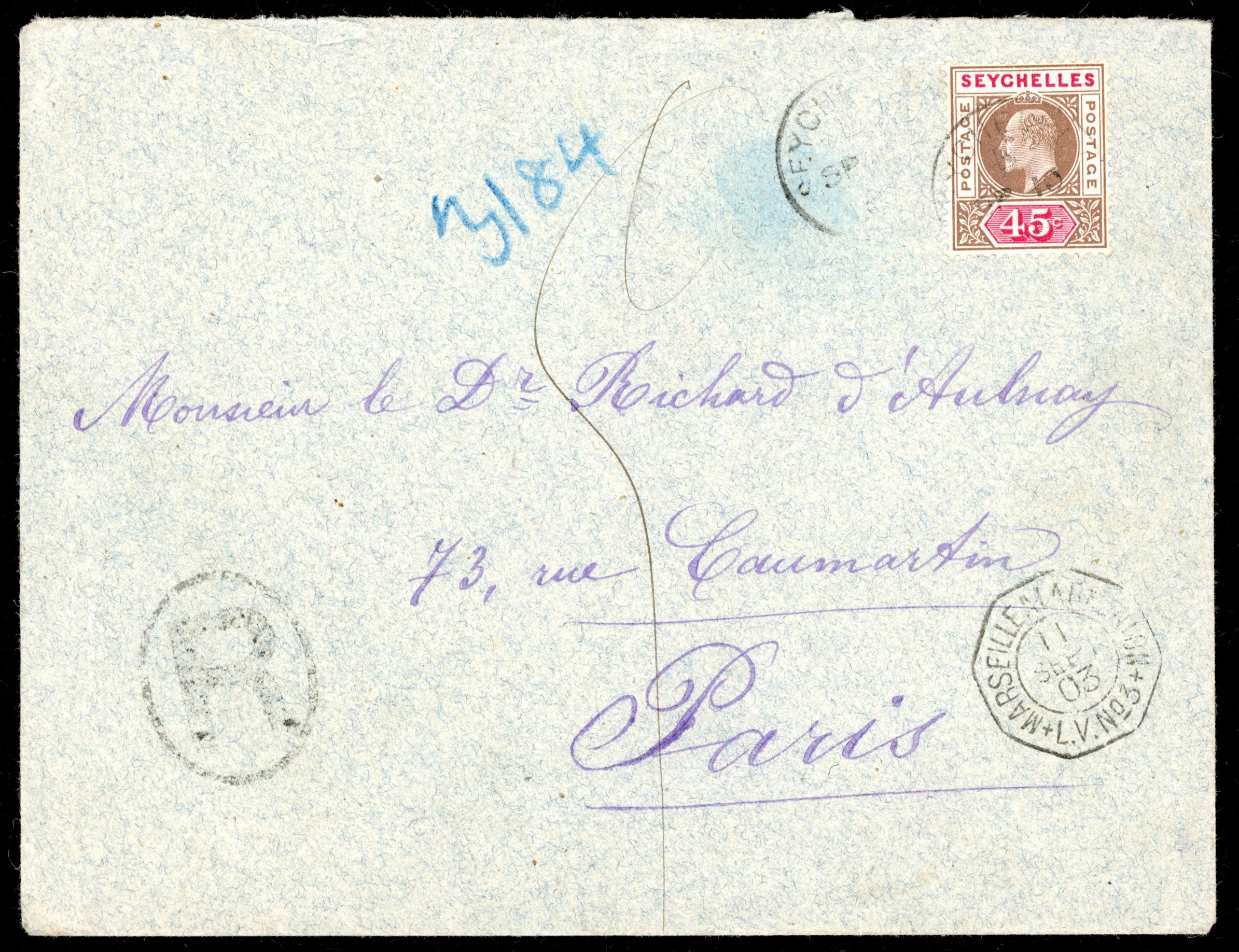 Seychelles SG 53 1903 registered cover to Paris with 1903 KEVII 45c