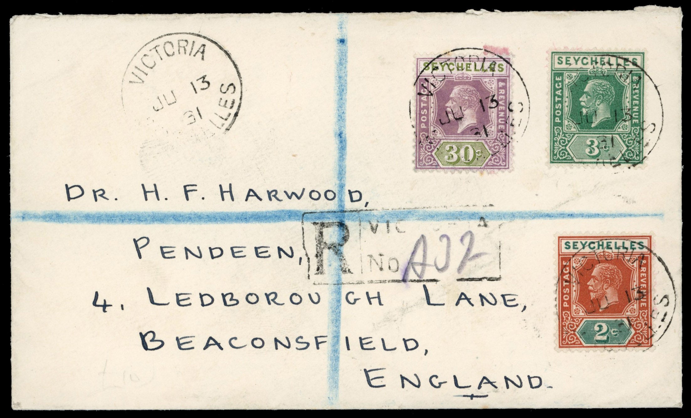Seychelles SG 98/99, 115 1931 registered cover to England with 1921-32 2c, 3c, 30c