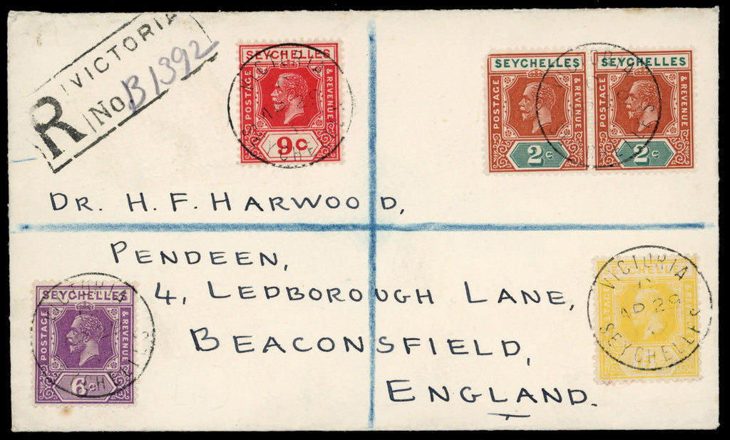 Seychelles SG 98, 105/06, 111 1932 registered cover to England with 1921-32 2c, 6c, 9c, 12c