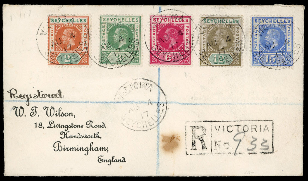 Seychelles SG 71/75 1917 registered cover to England with 1912-16 2c to 15c