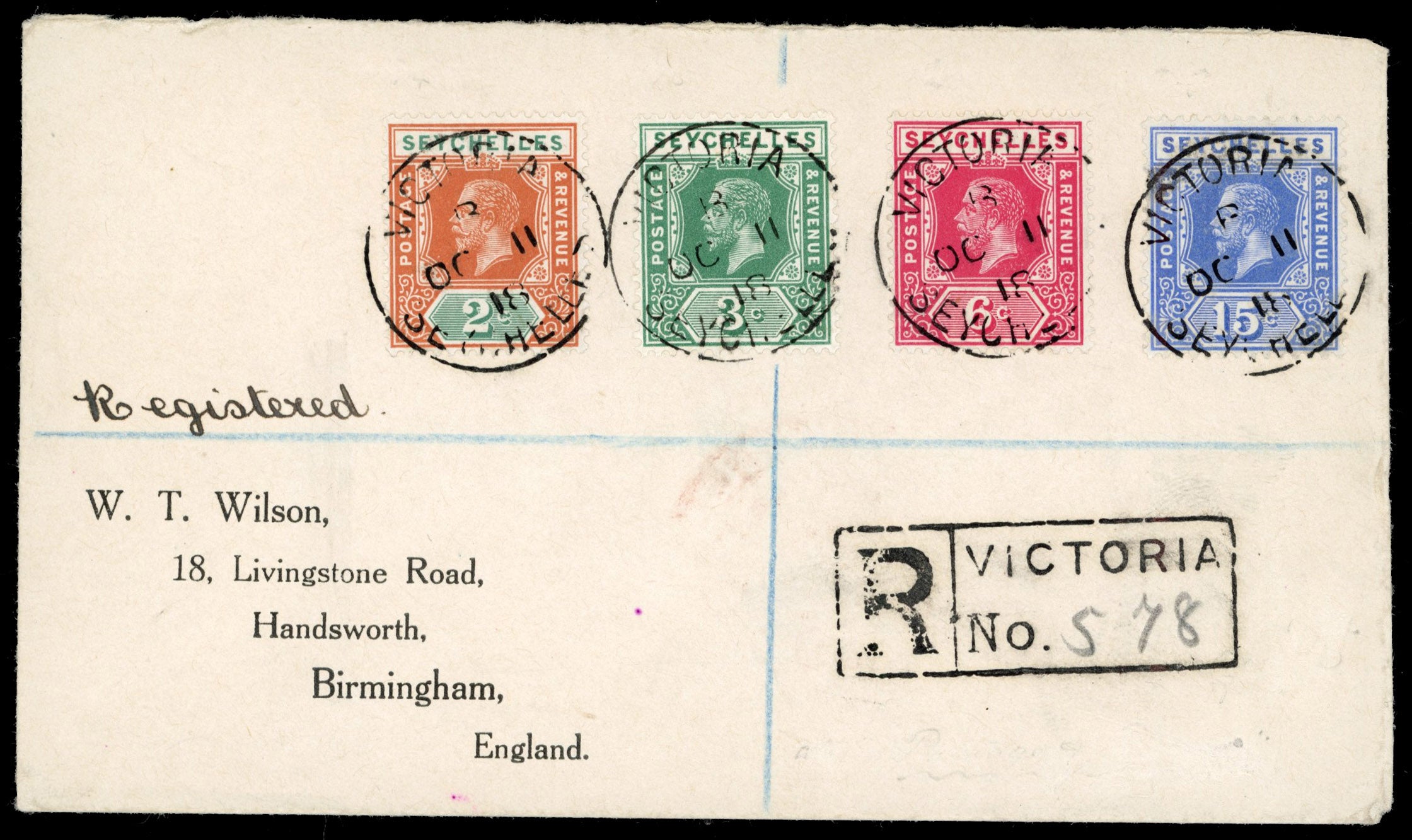 Seychelles SG 82/83, 85, 87 1918 registered cover to England with 1917-22 2c, 3c, 6c, 15c