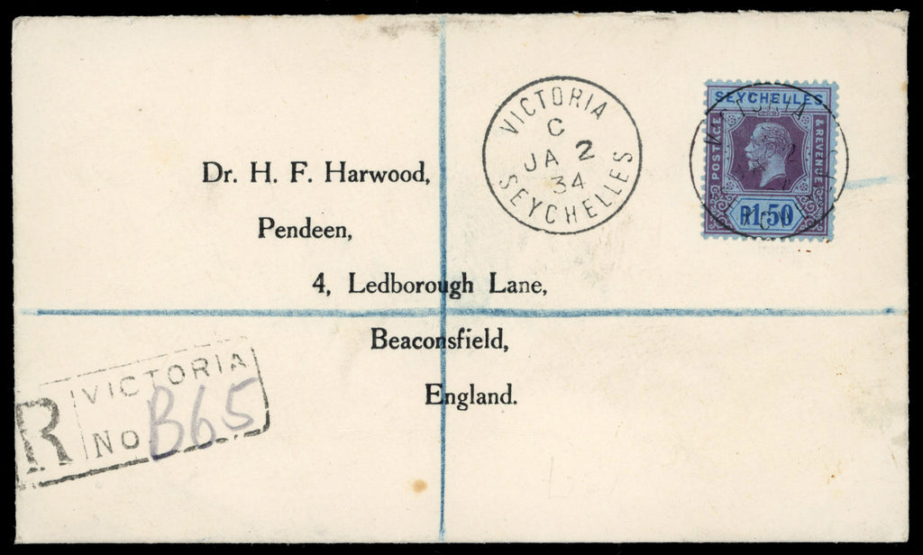 Seychelles SG 121 1934 registered cover to England with 1921-32 1r50
