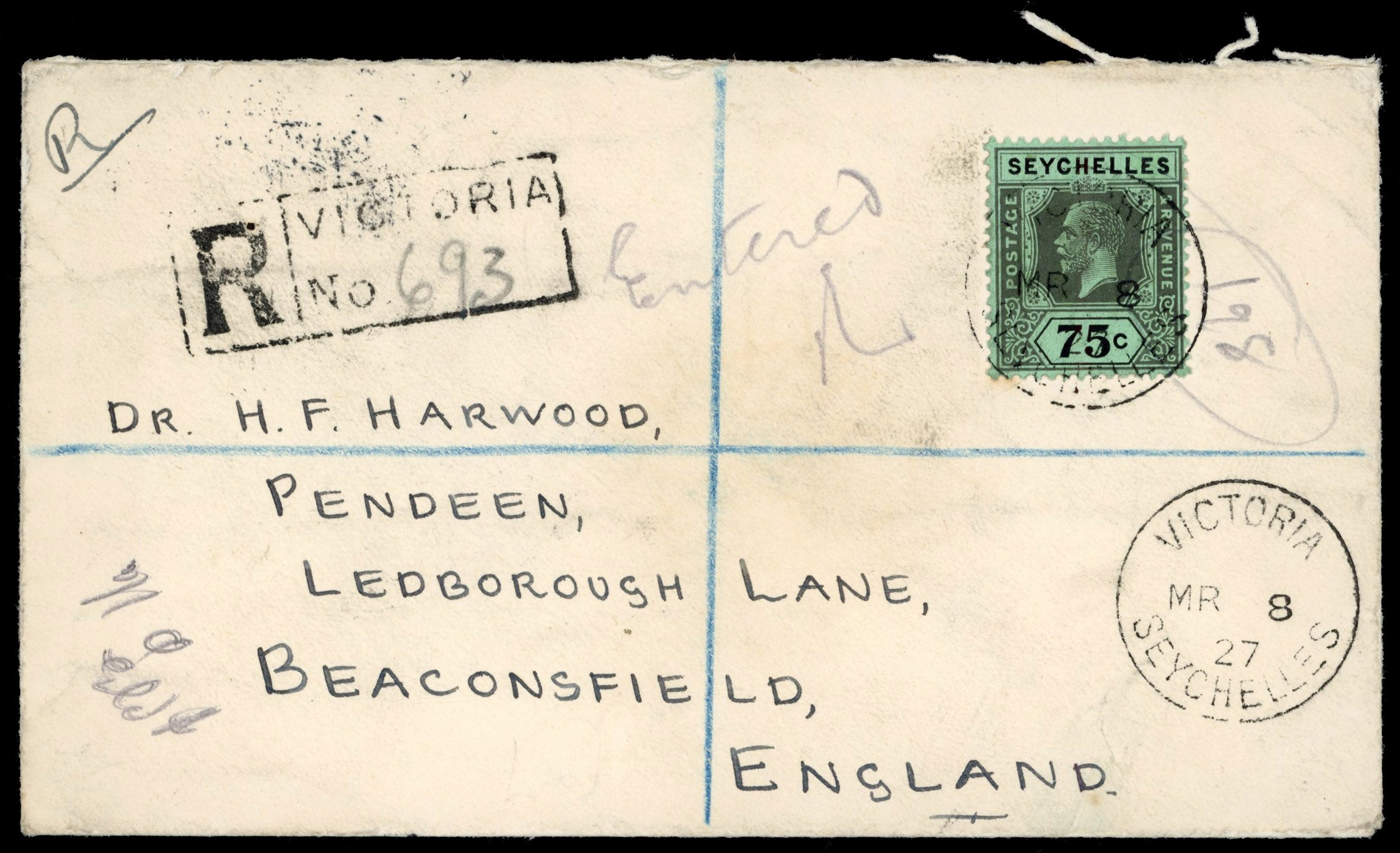 Seychelles SG 118 1927 registered cover to England with 1921-32 75c