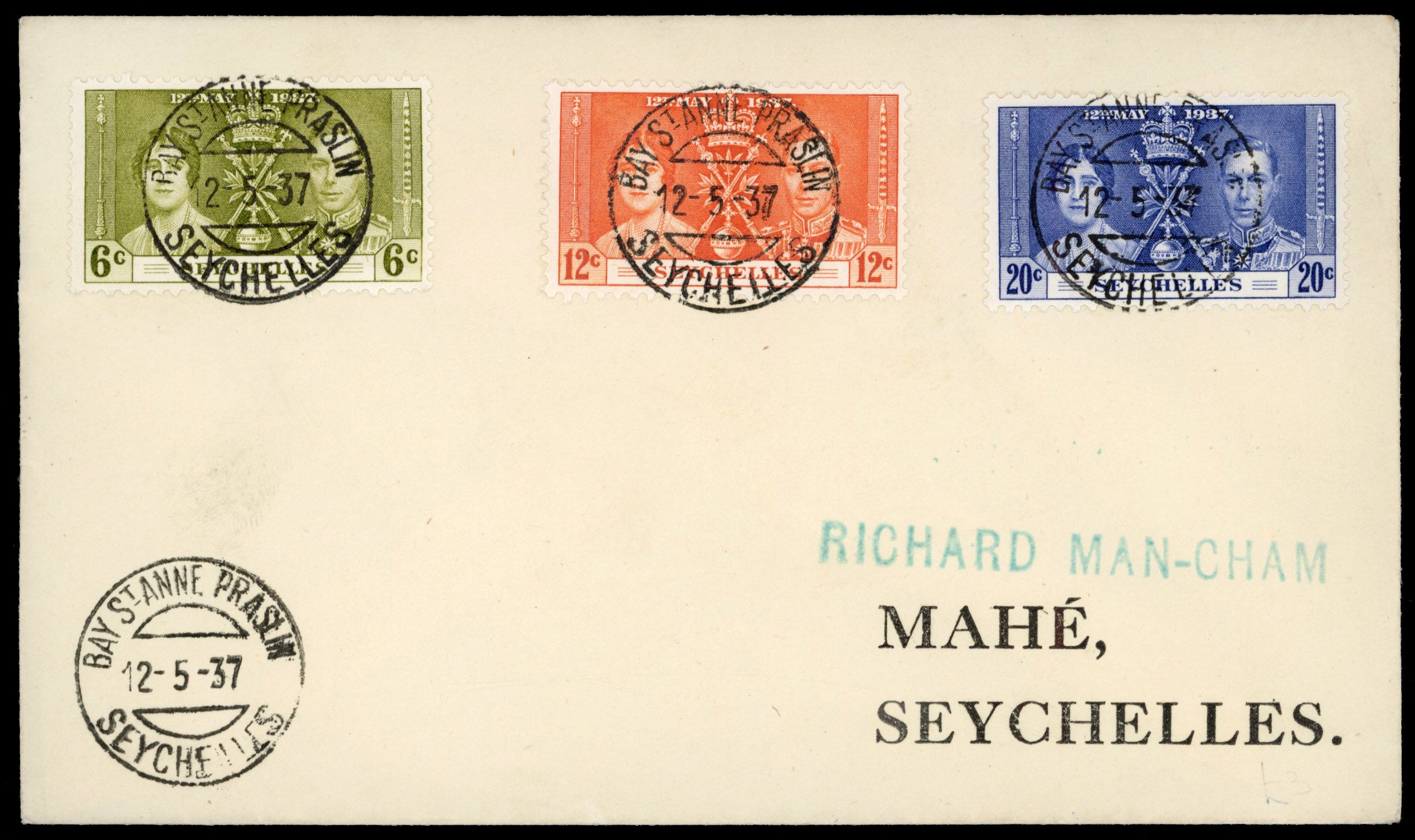 Seychelles SG 132/134 Cover 1937 Coronation on Bay St Anne Praslin fdc and with Dutch KPM S.S. Noutman ship cancel