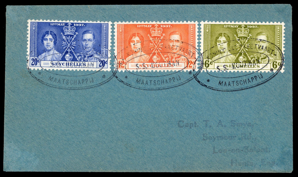 Seychelles SG 132/134 Cover 1937 Coronation on Bay St Anne Praslin fdc and with Dutch KPM S.S. Noutman ship cancel