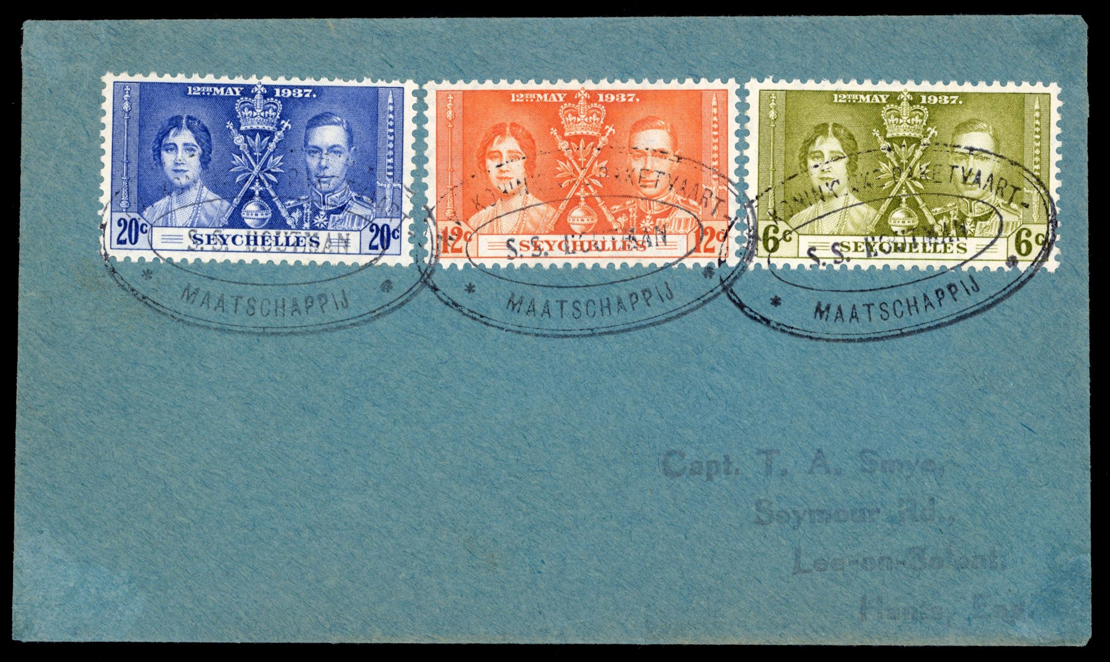 Seychelles SG 132/134 Cover 1937 Coronation on Bay St Anne Praslin fdc and with Dutch KPM S.S. Noutman ship cancel