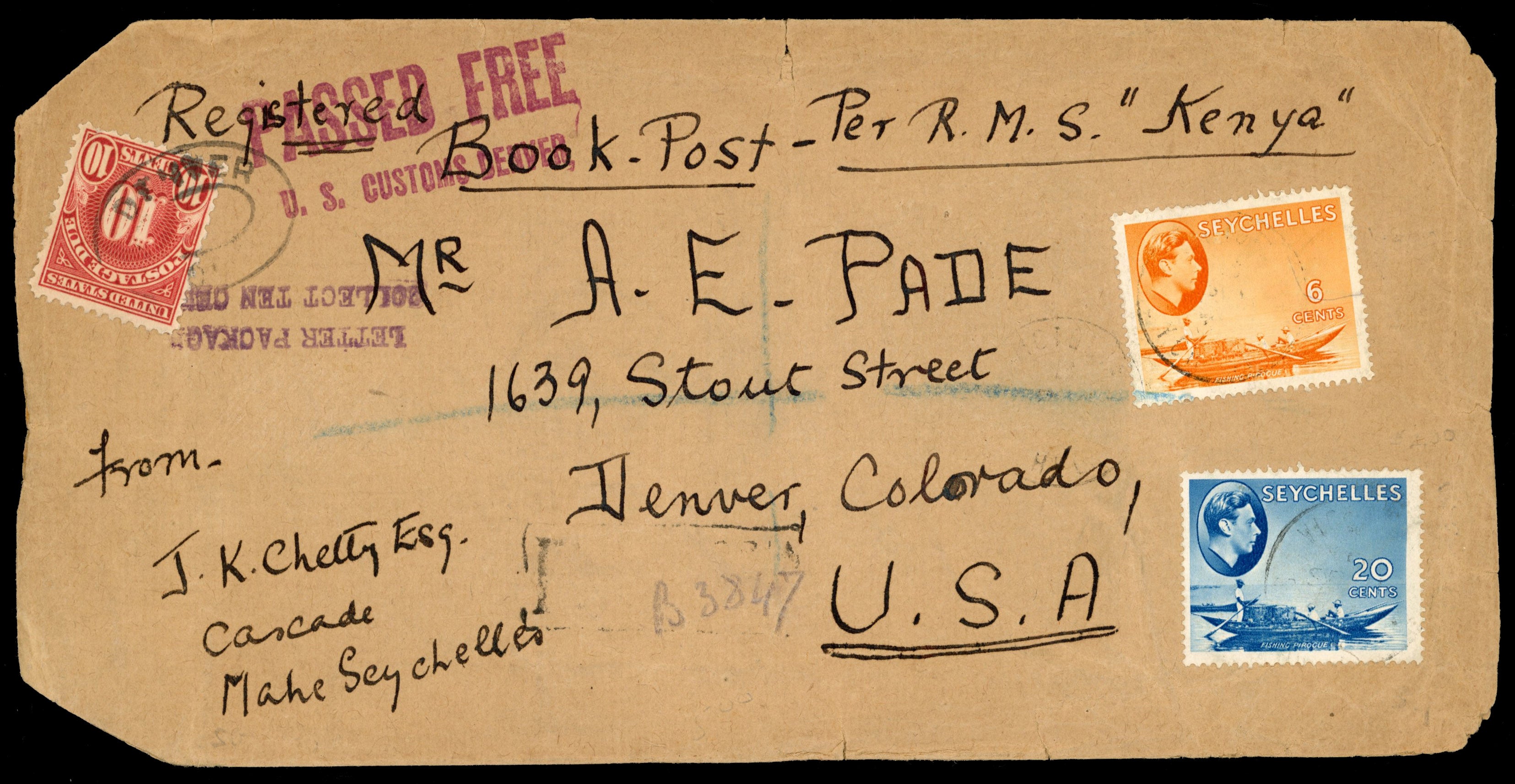 Seychelles SG 137, 140 1938 registered book post cover to USA with post office auxillary marking