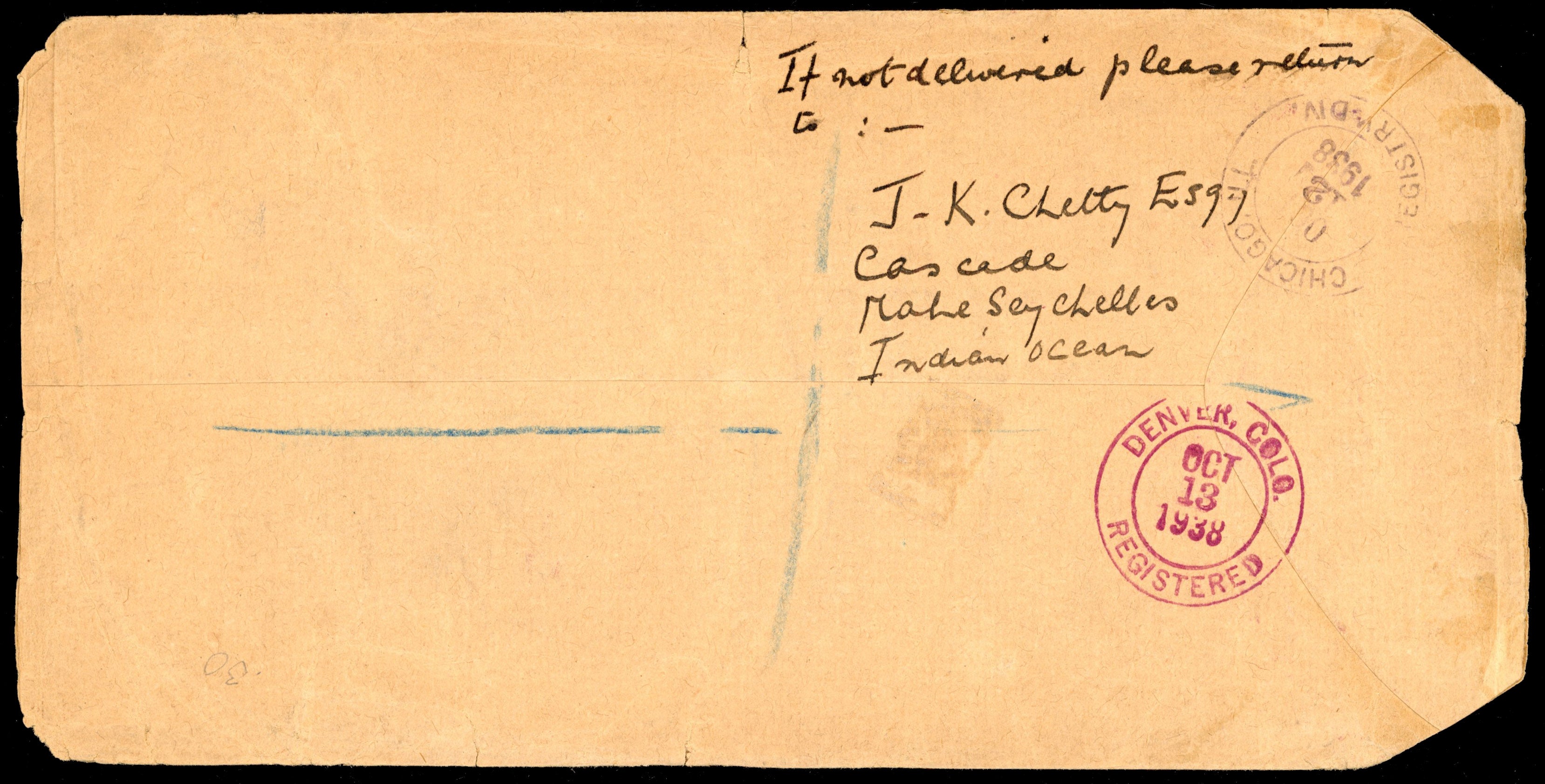 Seychelles SG 137, 140 1938 registered book post cover to USA with post office auxillary marking