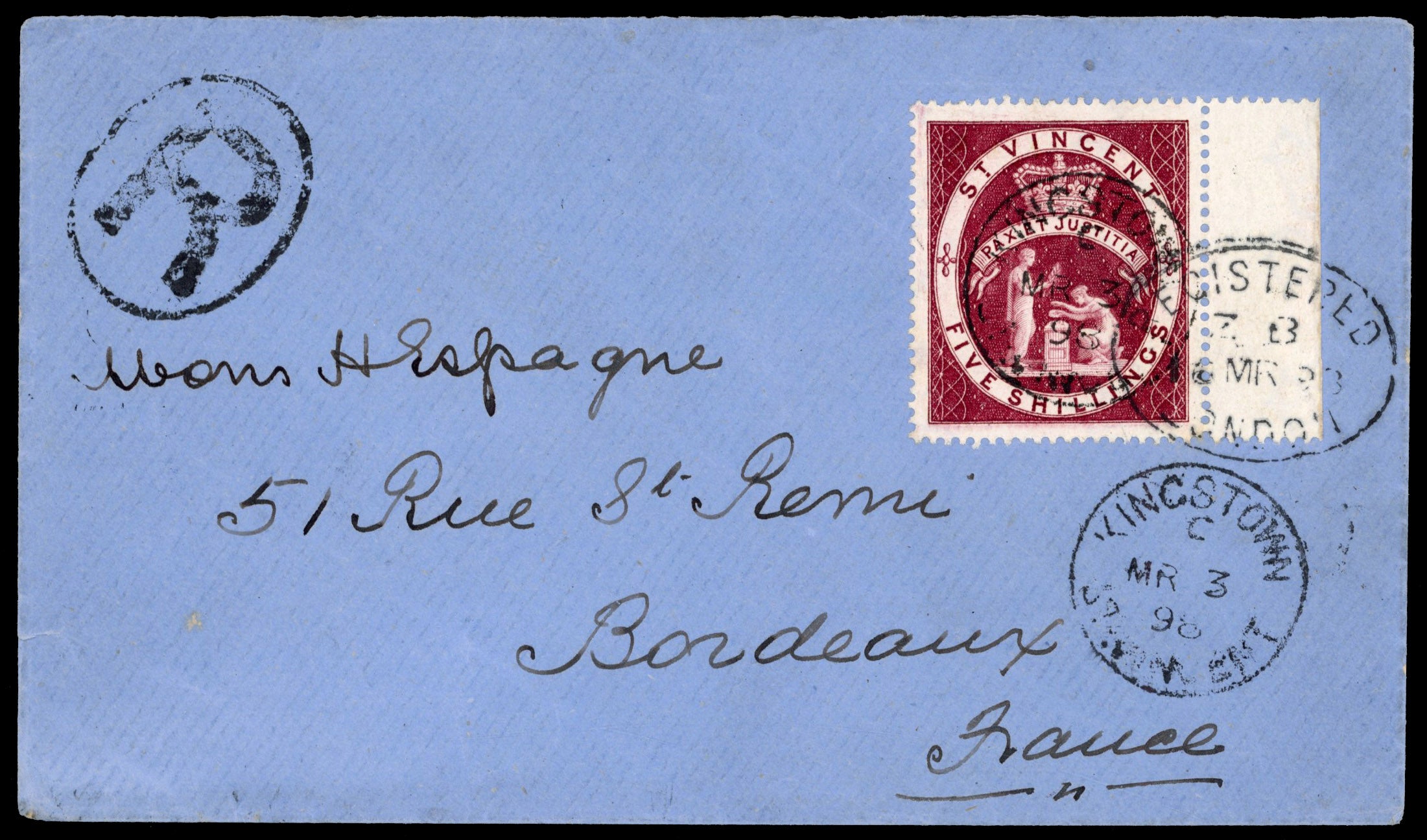 St Vincent SG 53b 1898 registered cover to France with 1885-93 5s brown-lake
