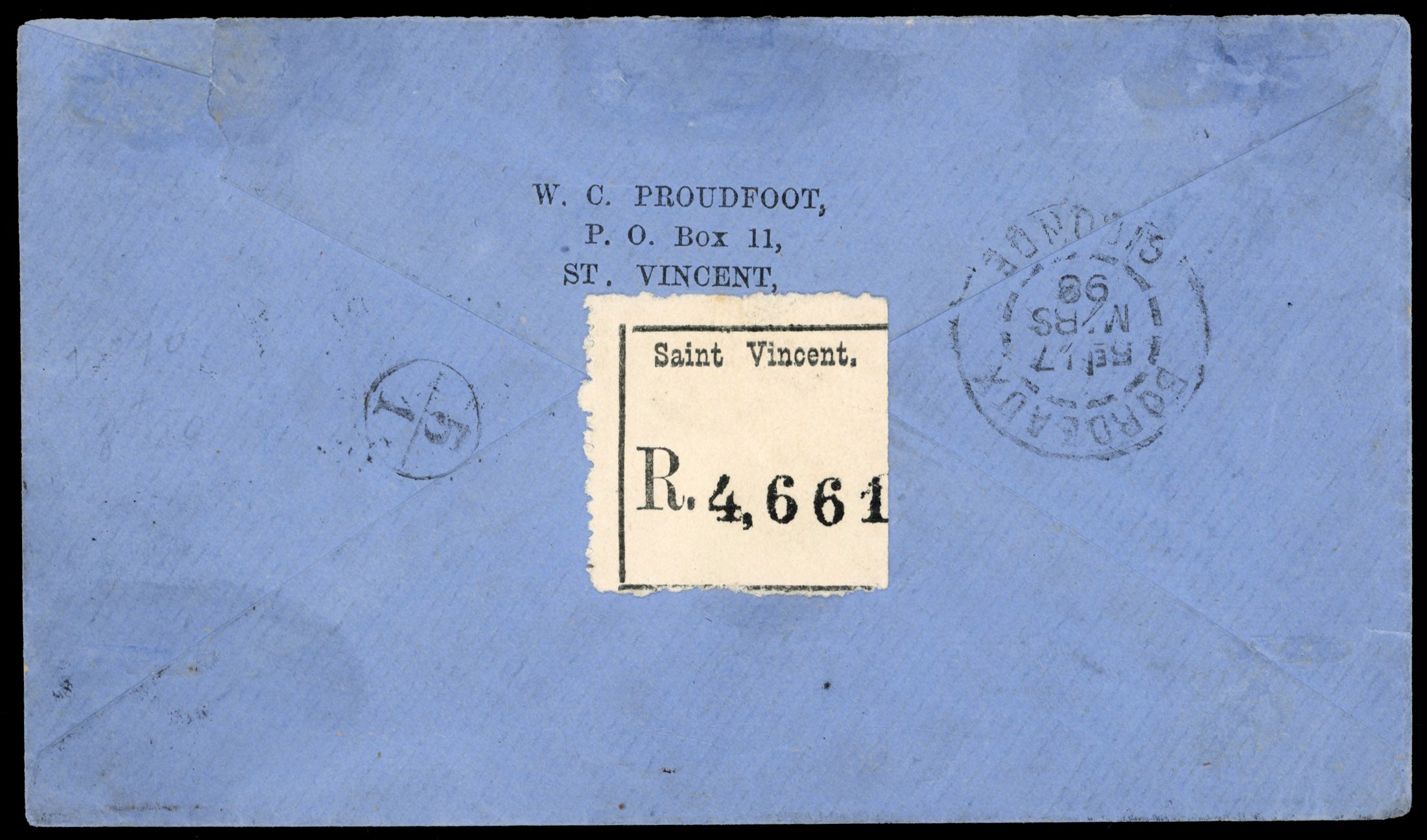 St Vincent SG 53b 1898 registered cover to France with 1885-93 5s brown-lake