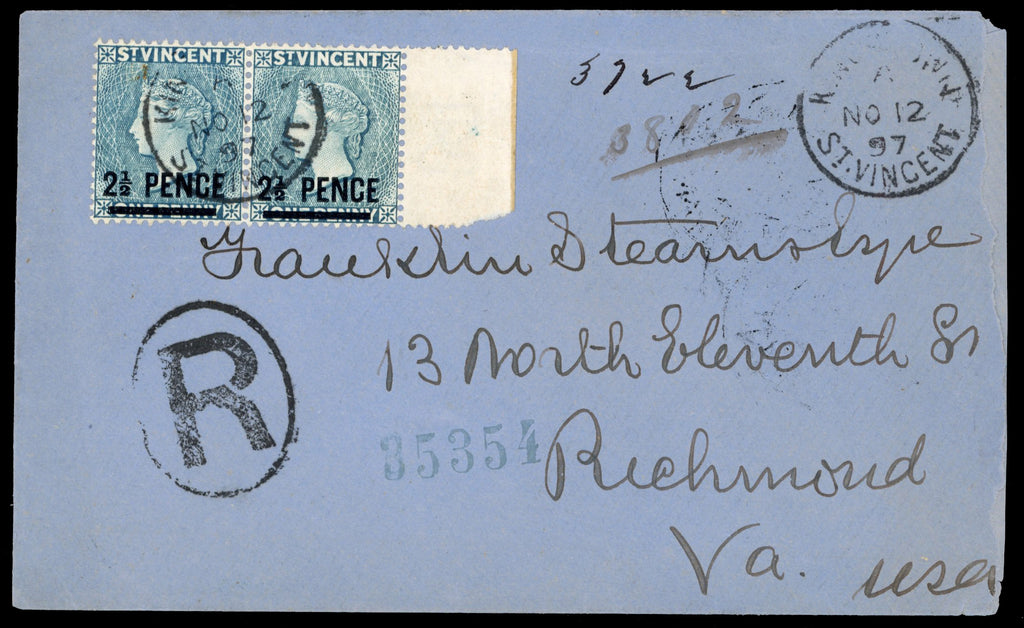 St Vincent SG 55 1897 registered cover to USA with 1890-93 2½d on 1d grey-blue pair