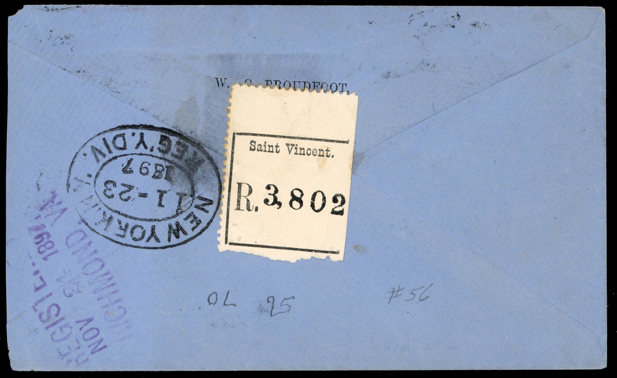 St Vincent SG 55 1897 registered cover to USA with 1890-93 2½d on 1d grey-blue pair