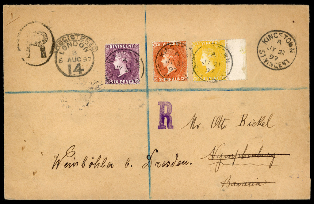 St Vincent SG 56/58 1897 registered cover to Germany with 1890-93 4d, 6d, 1s