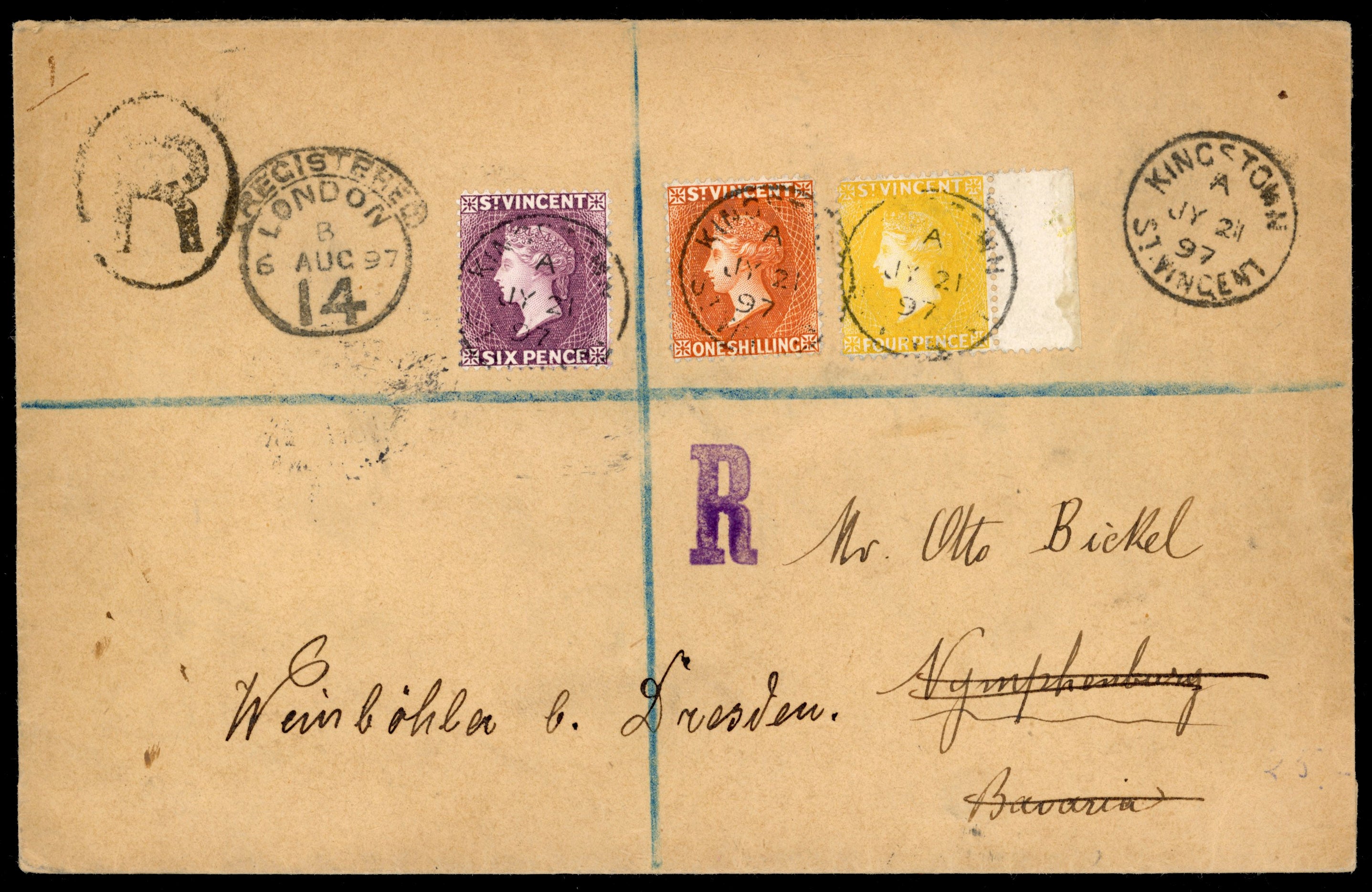 St Vincent SG 56/58 1897 registered cover to Germany with 1890-93 4d, 6d, 1s