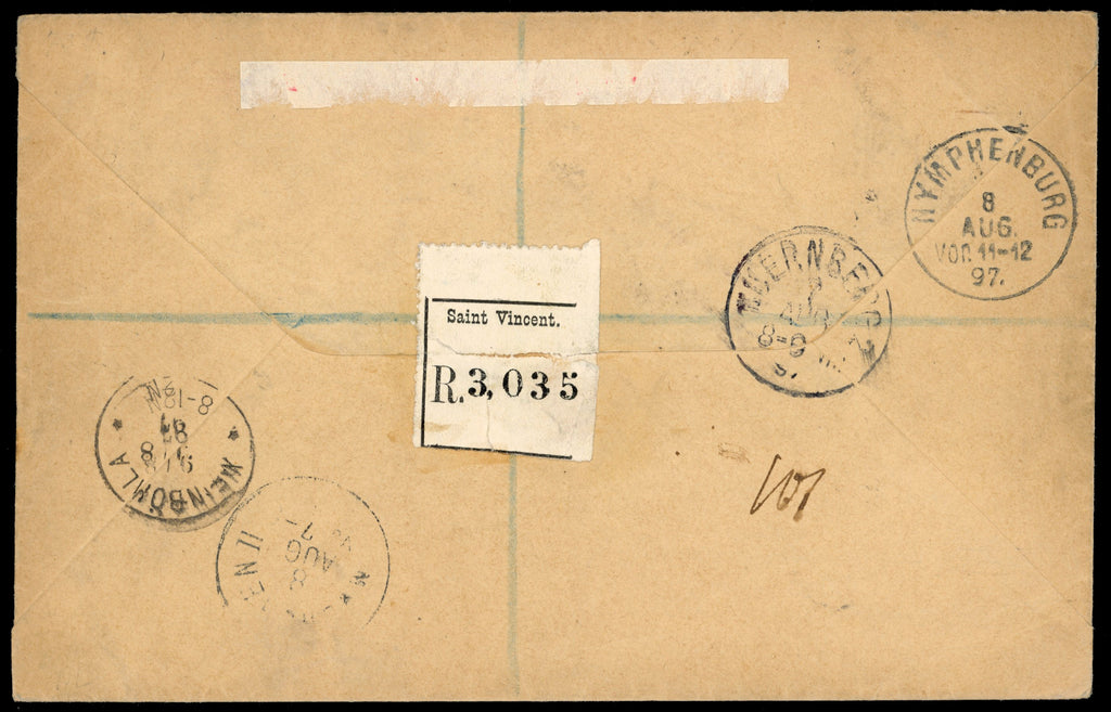 St Vincent SG 56/58 1897 registered cover to Germany with 1890-93 4d, 6d, 1s