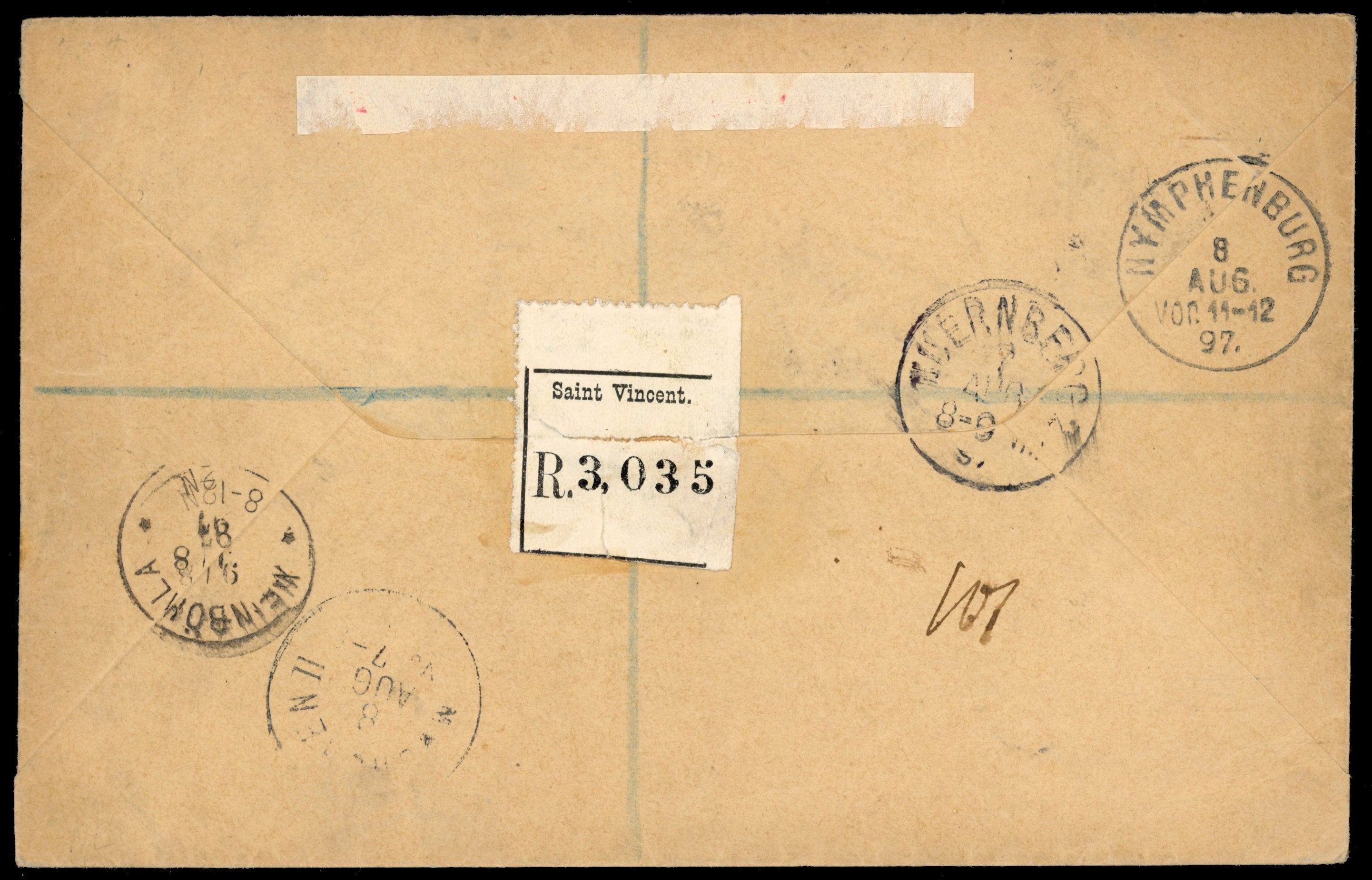 St Vincent SG 56/58 1897 registered cover to Germany with 1890-93 4d, 6d, 1s