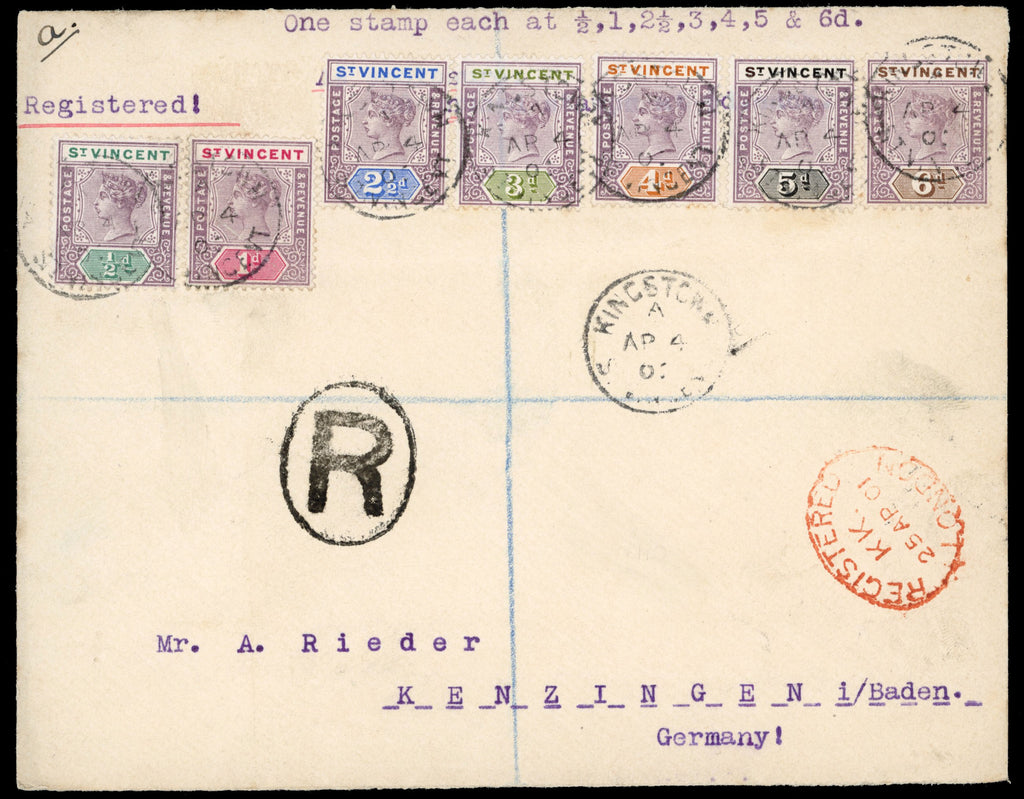 St Vincent SG 67/73 1901 registered cover to Germany with 1899 set to 6d