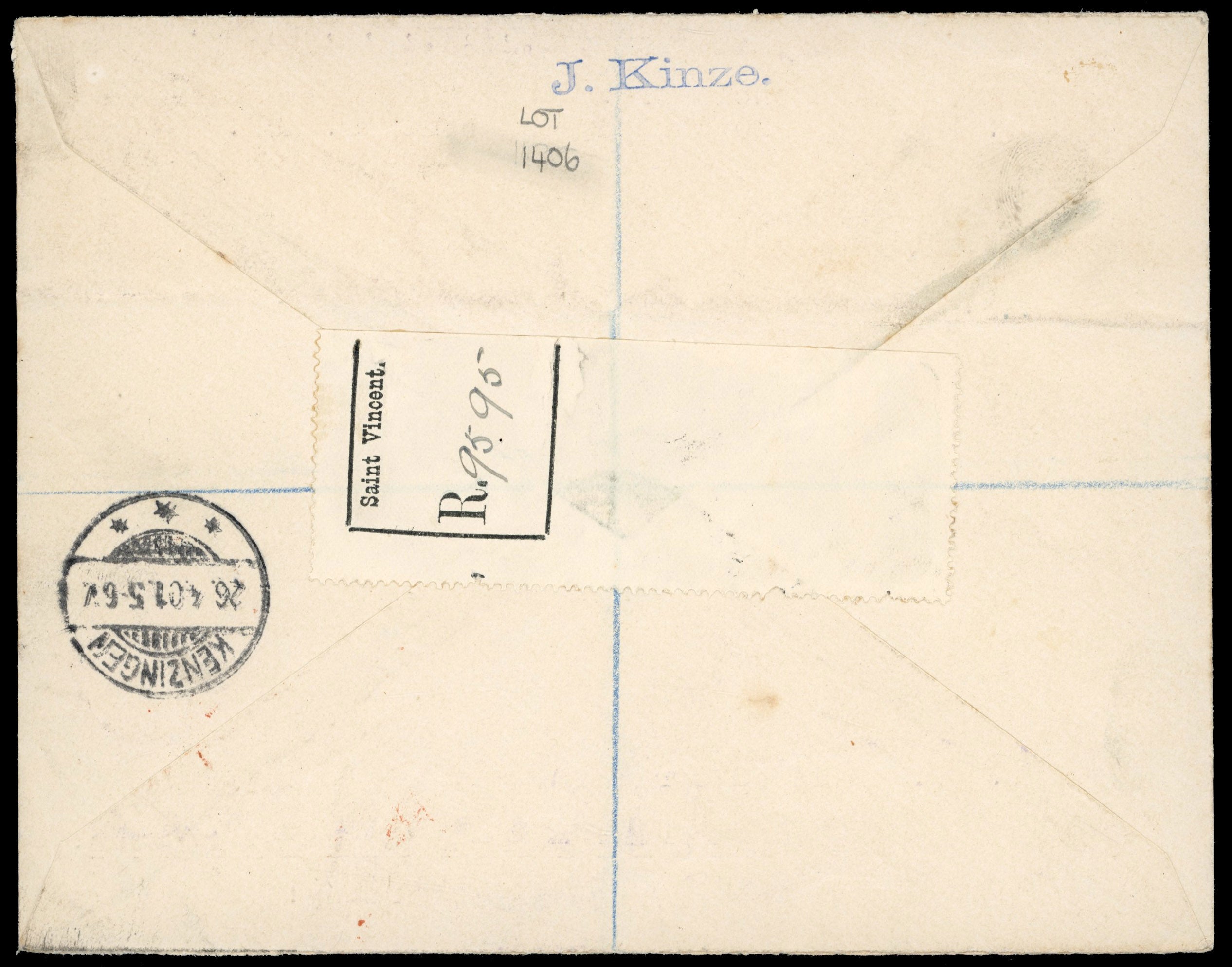 St Vincent SG 67/73 1901 registered cover to Germany with 1899 set to 6d