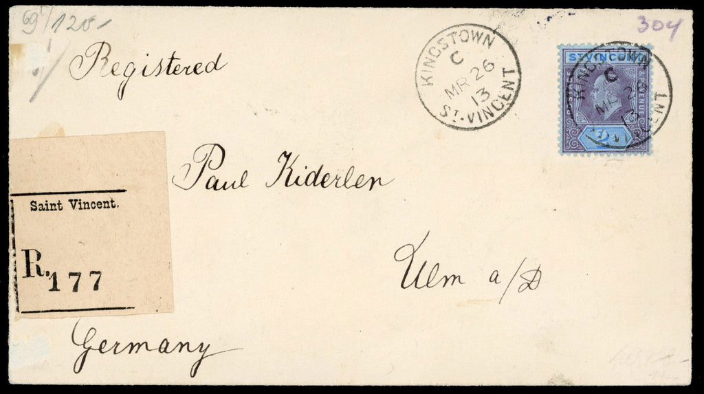 St Vincent SG 91 1913 registered cover to Germany with 1904-11 KEVII 2s purple and blue