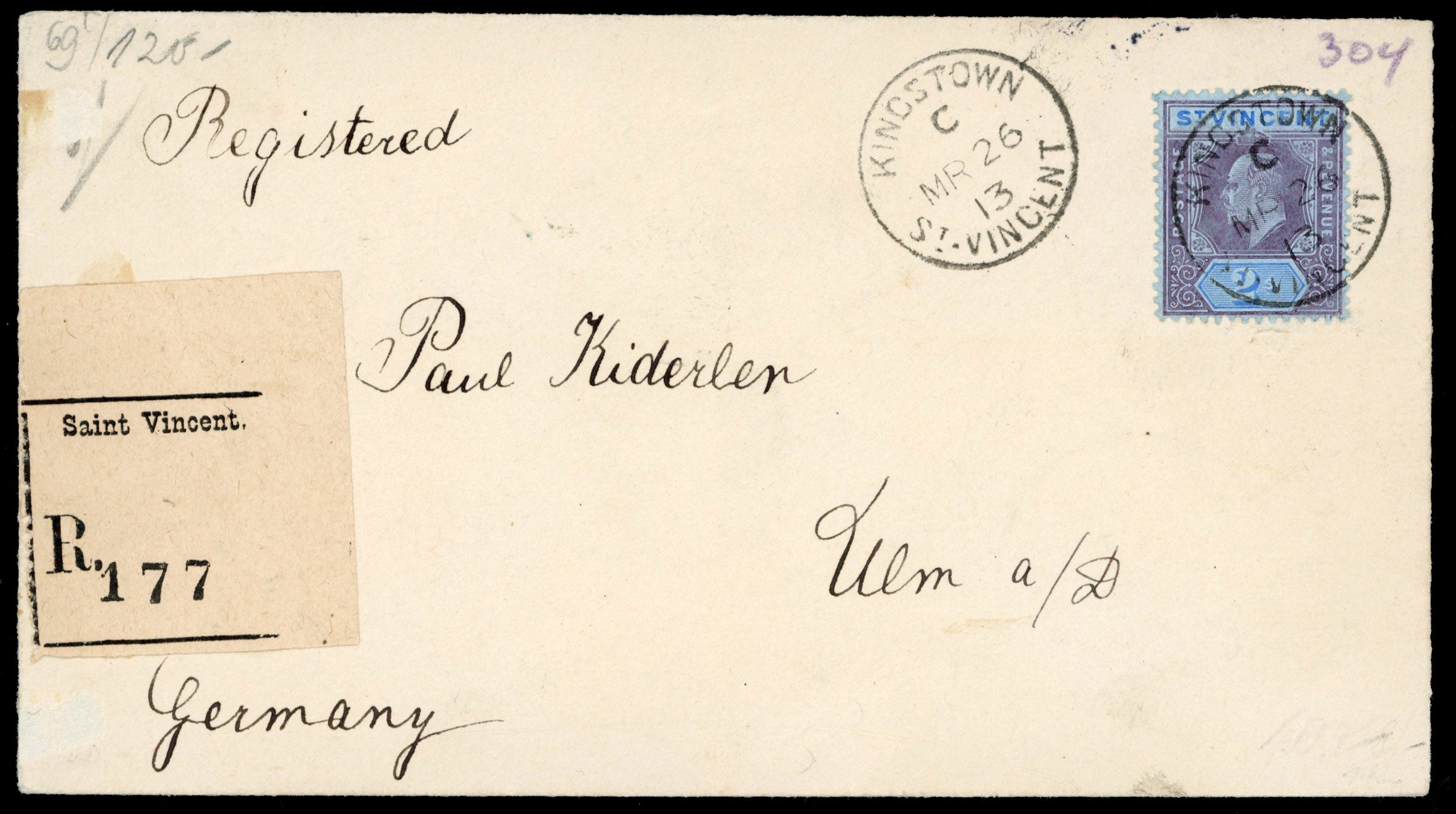 St Vincent SG 91 1913 registered cover to Germany with 1904-11 KEVII 2s purple and blue