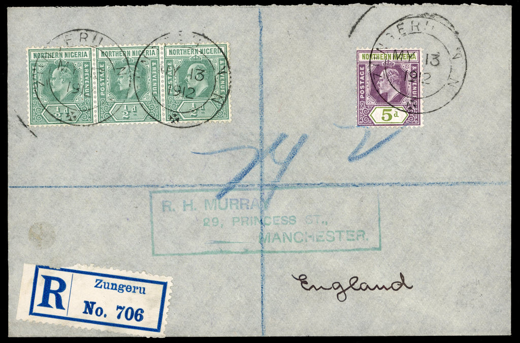 Northern Nigeria SG 28, 34 1912 registered cover from Zungeru to Manchester with 1910-11 ½d, 5d