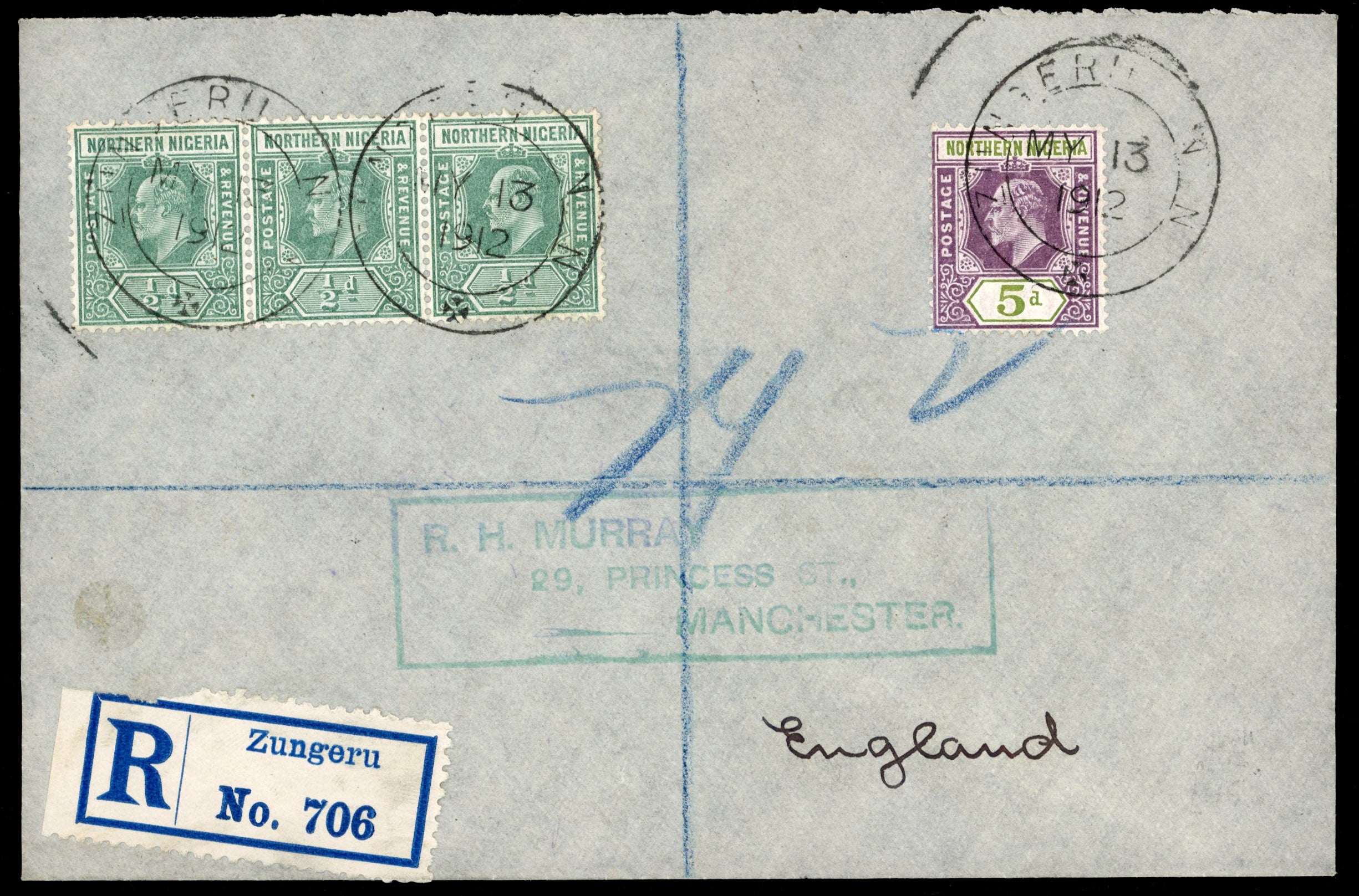 Northern Nigeria SG 28, 34 1912 registered cover from Zungeru to Manchester with 1910-11 ½d, 5d