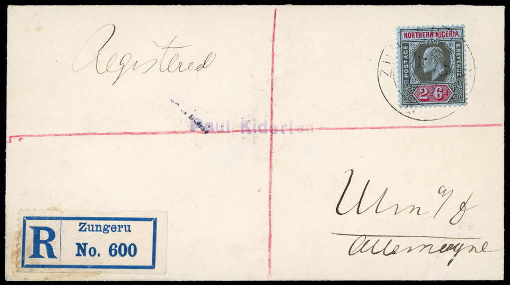 Northern Nigeria SG 37 1913 registered cover from Zungeru to Germany with 1910-11 2s6d black and red/blue