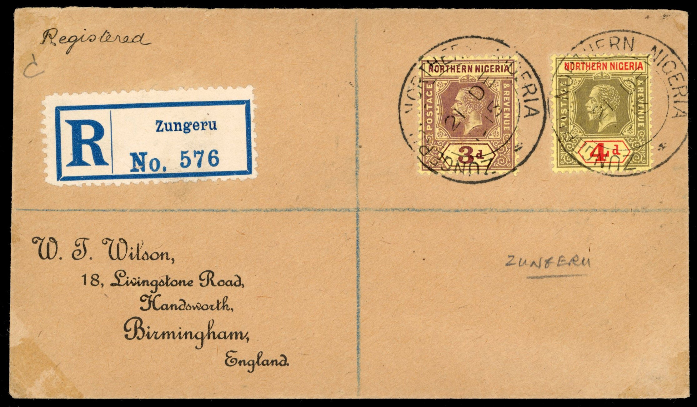 Northern Nigeria SG 43/44 1915 registered cover from Zungeru to England with 1912 3d, 4d