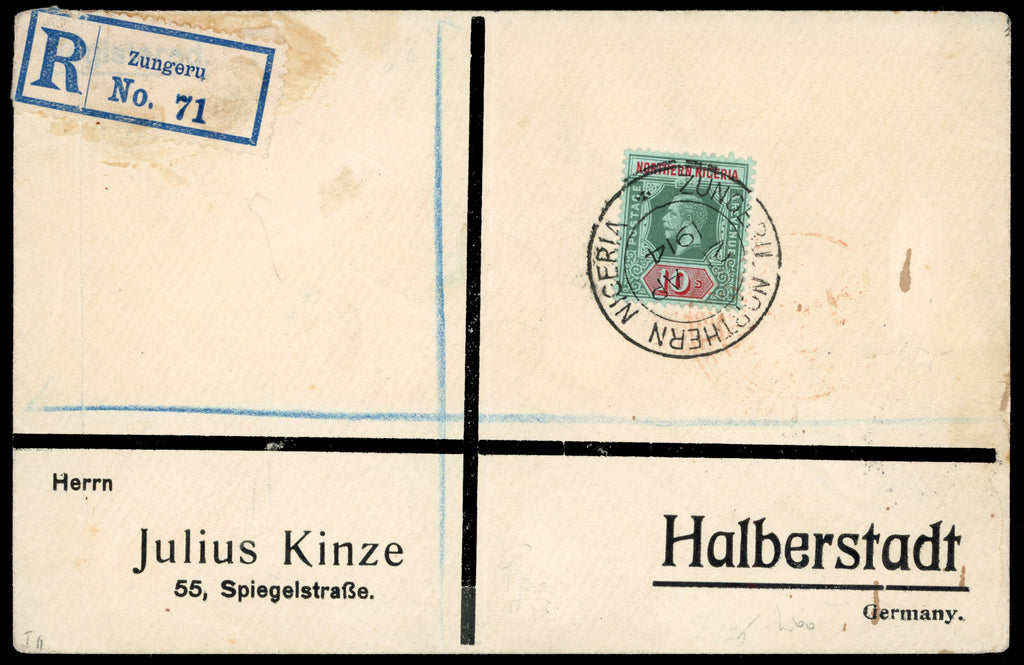 Northern Nigeria SG 50/51 1914 registered covers from Zungeru to Germany with 1912 5s, 10s