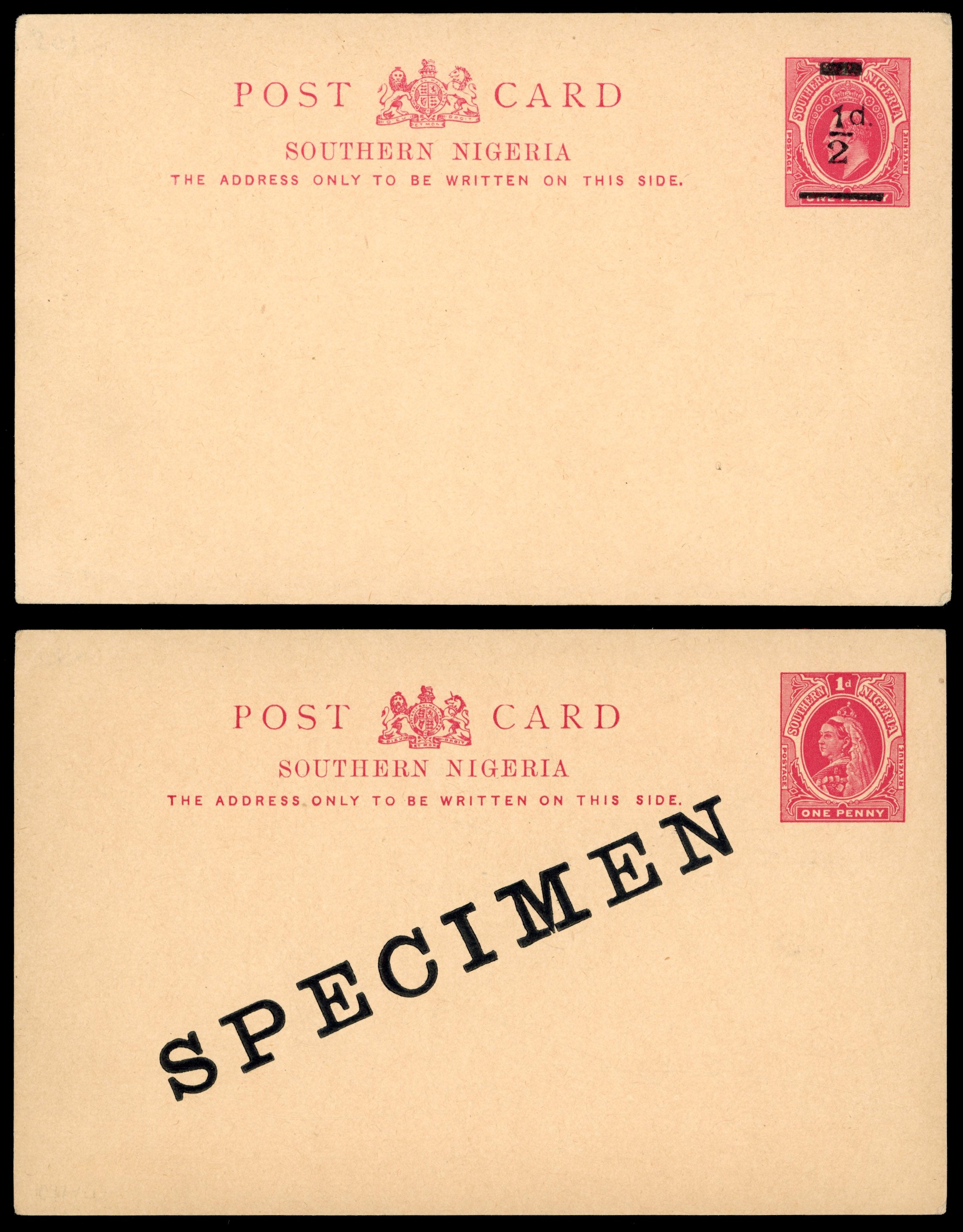 Southern Nigeria Cover 1900-08 postal stationery postcard selection including KEVII ½d on 1d with local specimen overprint