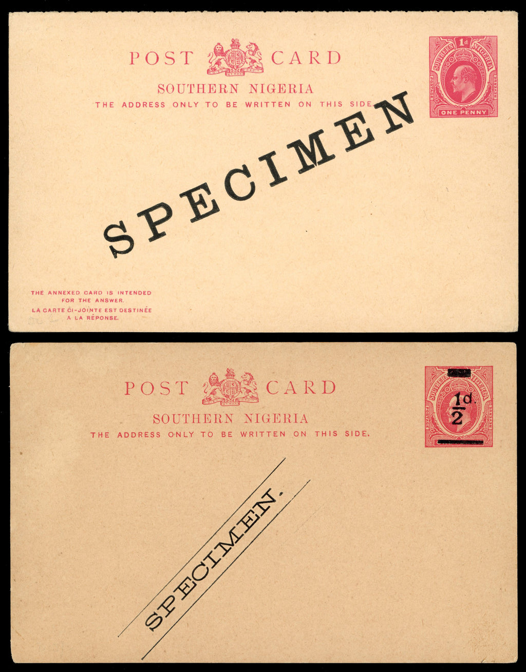 Southern Nigeria Cover 1900-08 postal stationery postcard selection including KEVII ½d on 1d with local specimen overprint