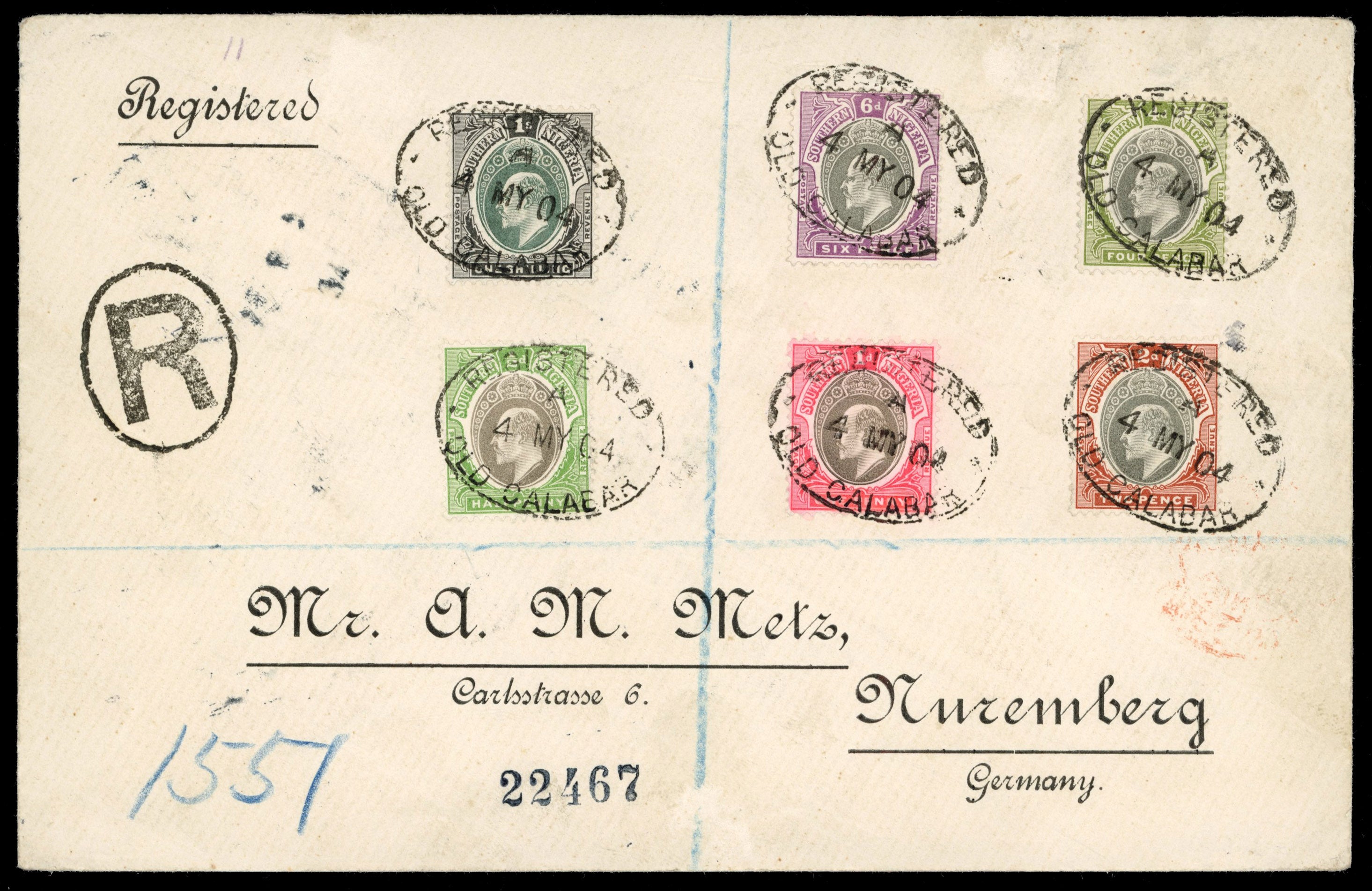 Southern Nigeria SG 10/16 1904 registered cover to Germany with 1903-04 set to 1s
