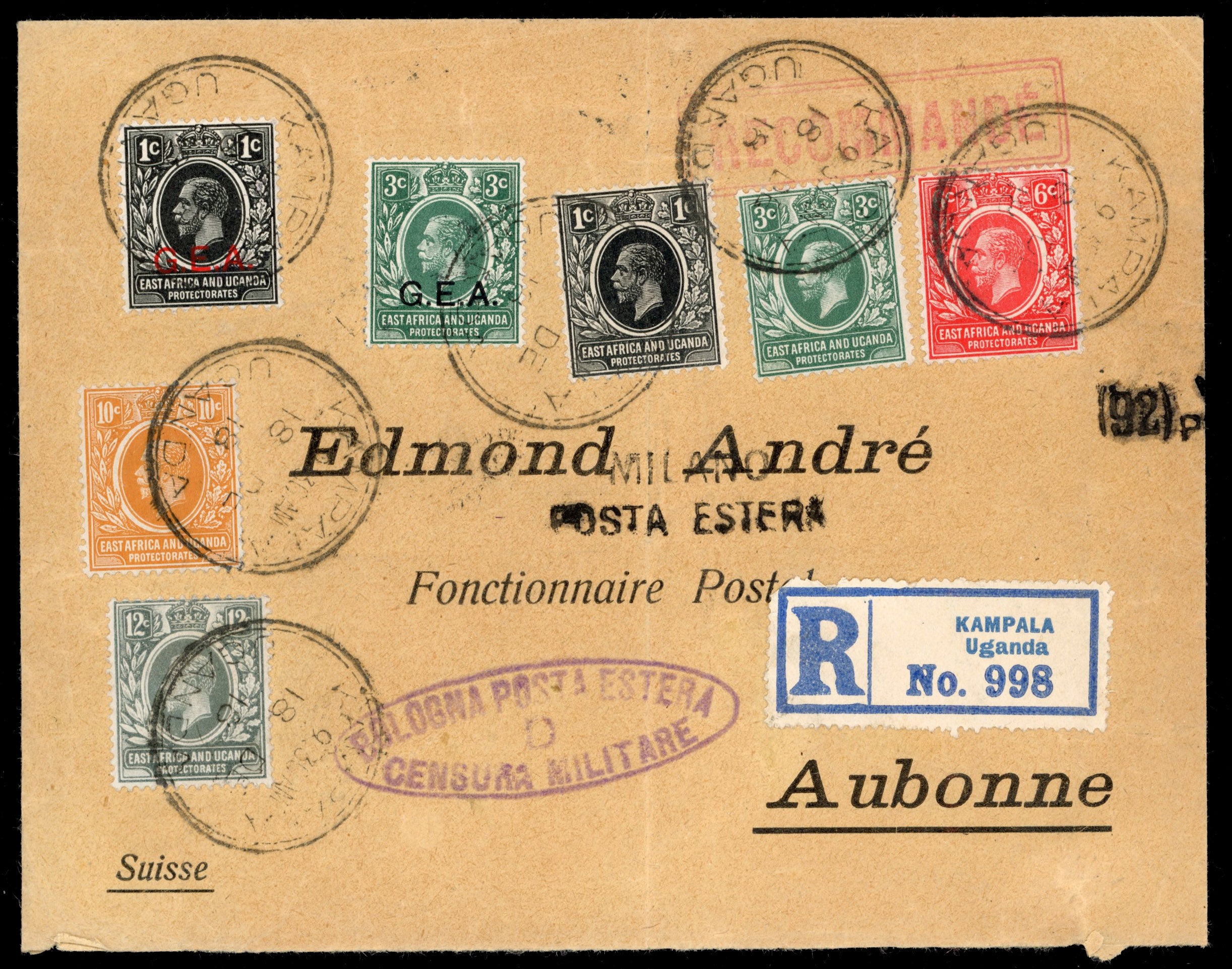 KUT SG 44/48 1918 registered cover from Kampala to Switzerland