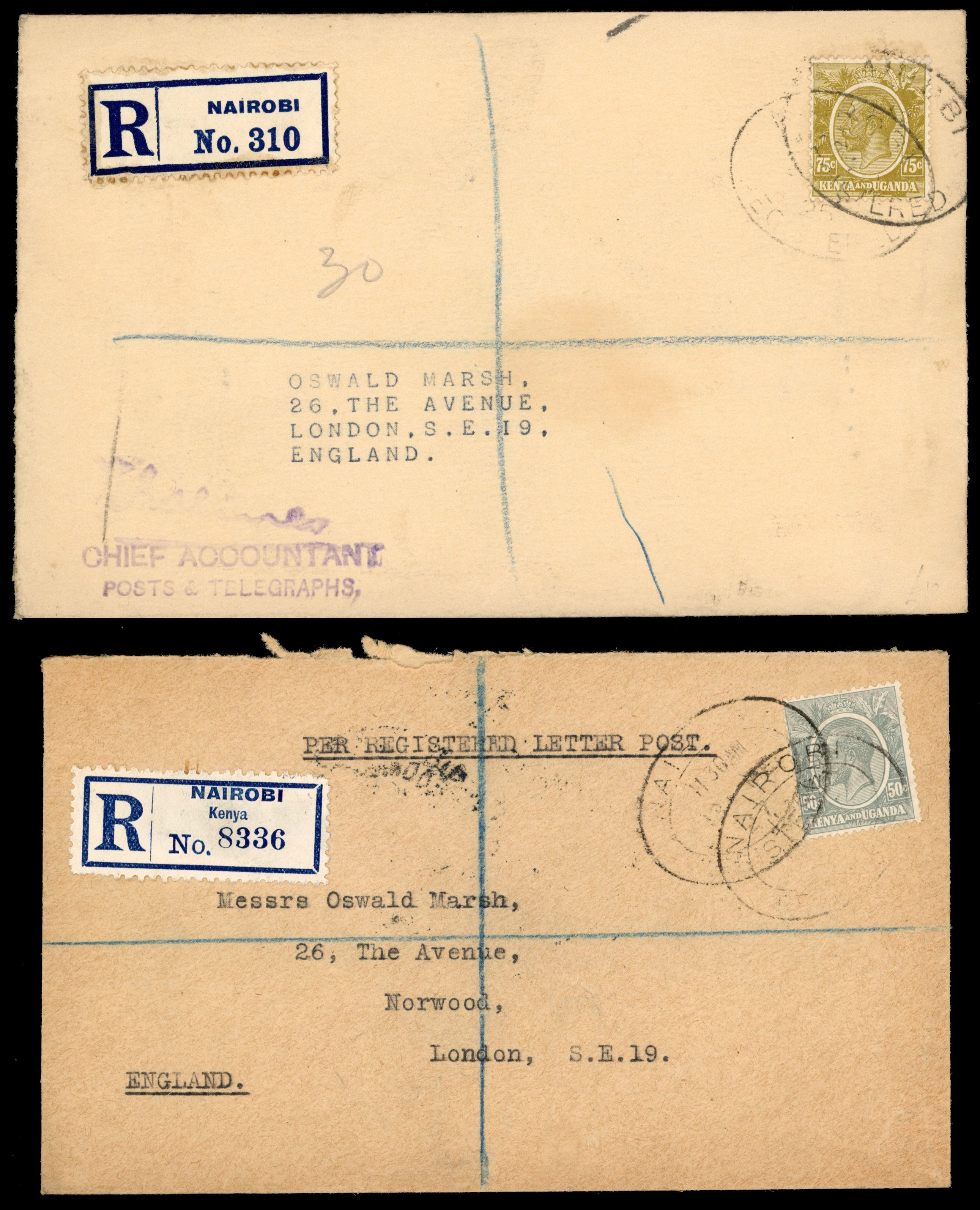 KUT SG 85/86 Cover 1922-27 50c, 75c on seperate registered covers to London